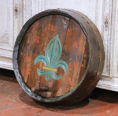 19th Century French Painted Oak Wine Barrel Front with Fleur-de-Lis Decor
