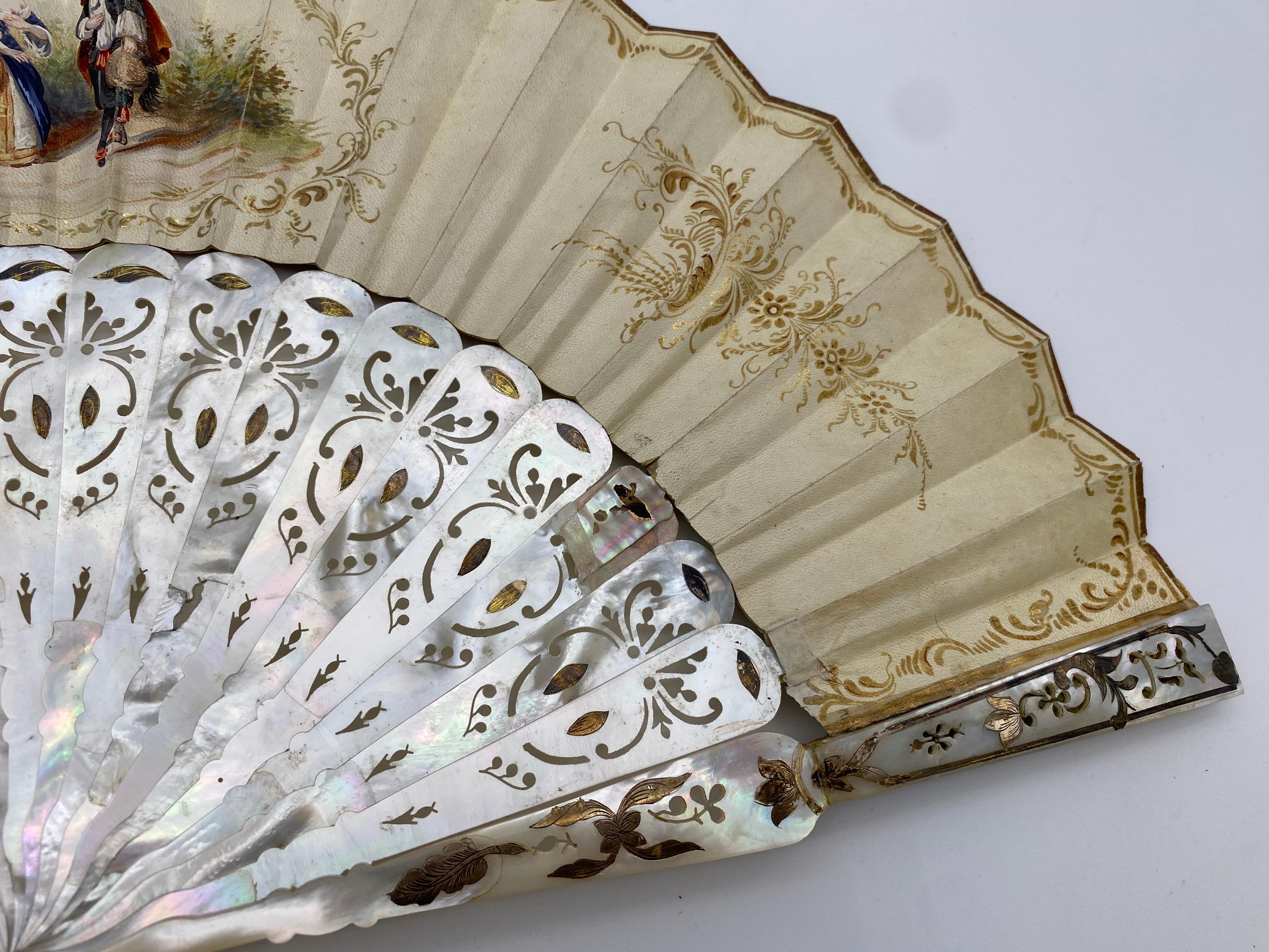 19th Century French Painted Paper and Mother of Pearl Fan For Sale 3