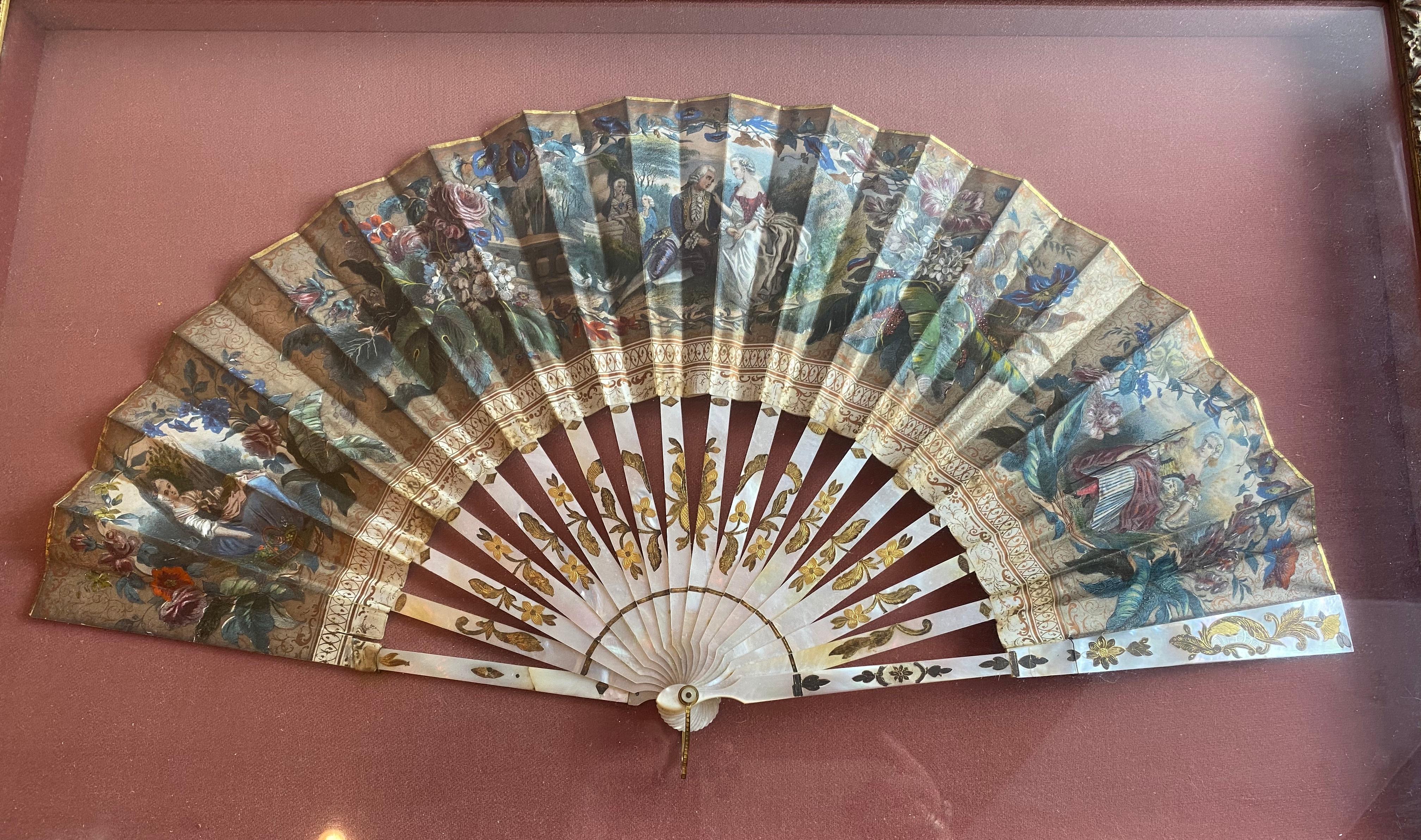 19th Century French Painted Paper and Mother of Pearl Fan For Sale 1