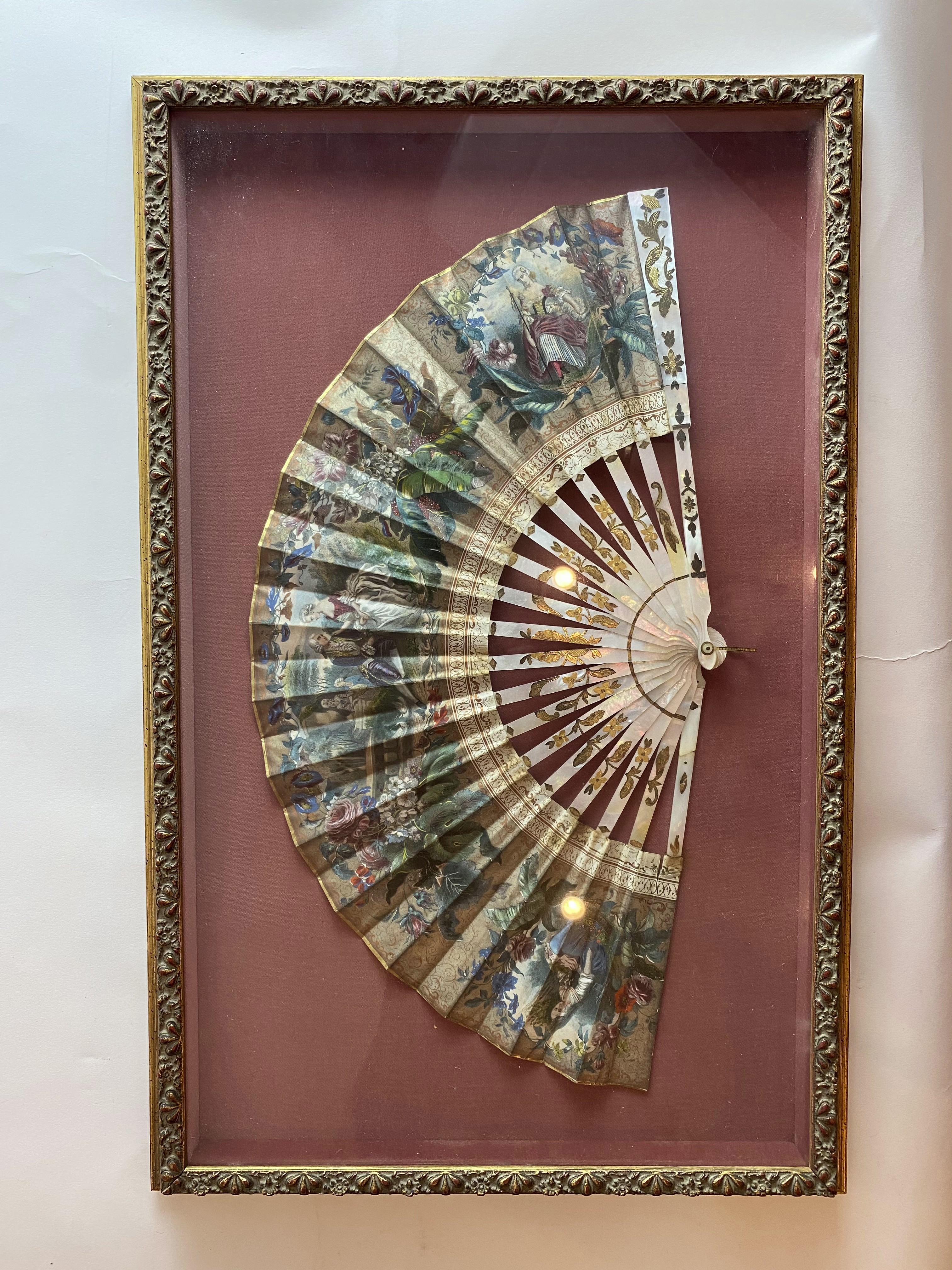 19th Century French Painted Paper and Mother of Pearl Fan For Sale 3