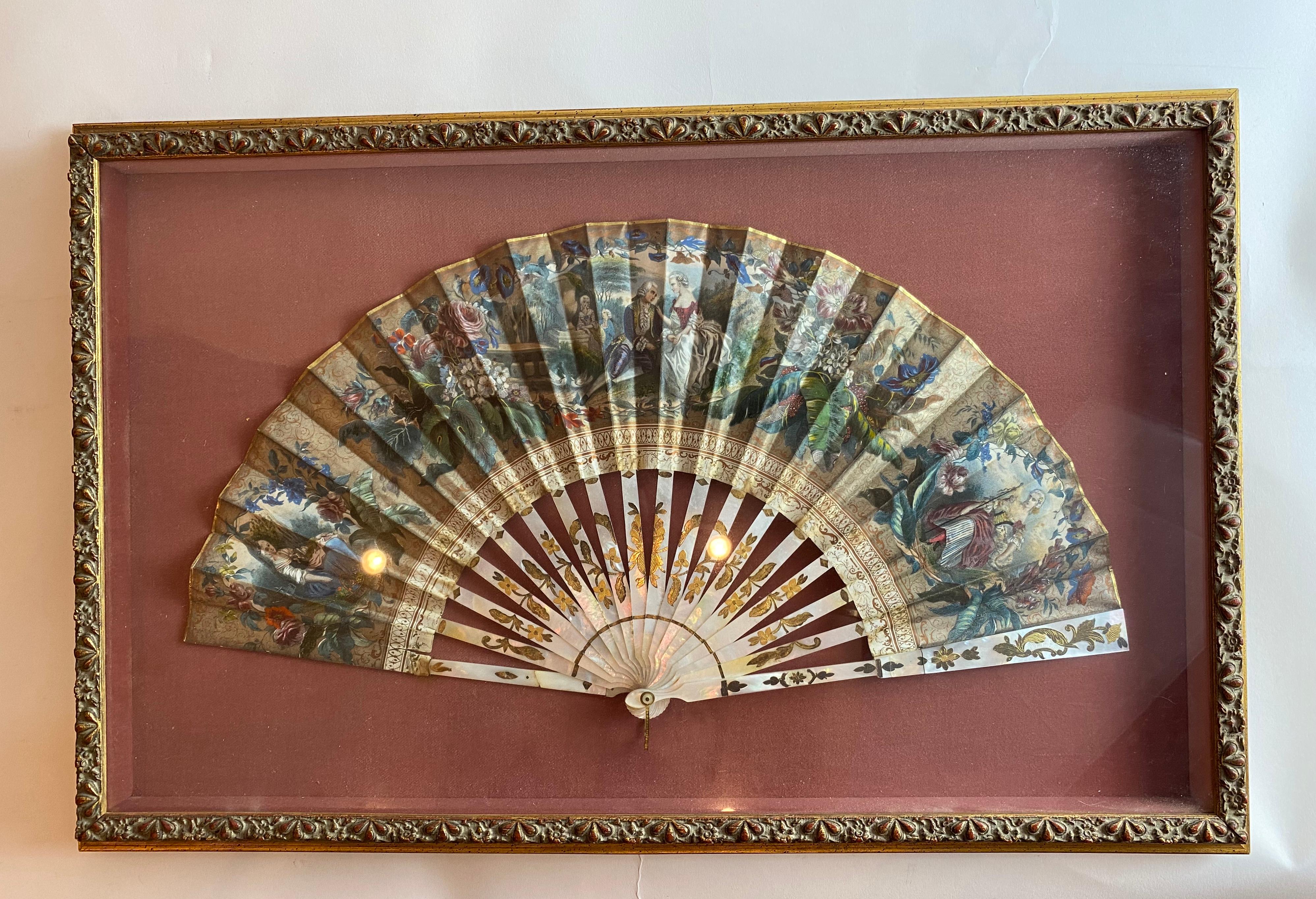 19th Century French Painted Paper and Mother of Pearl Fan For Sale 4
