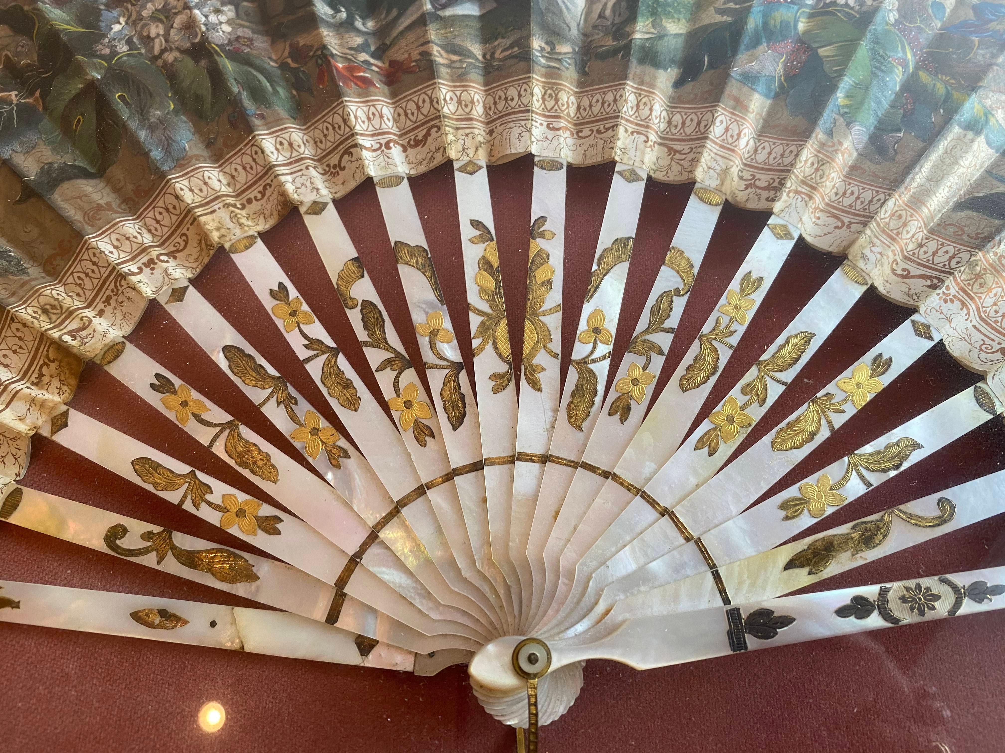19th Century French Painted Paper and Mother of Pearl Fan For Sale 7