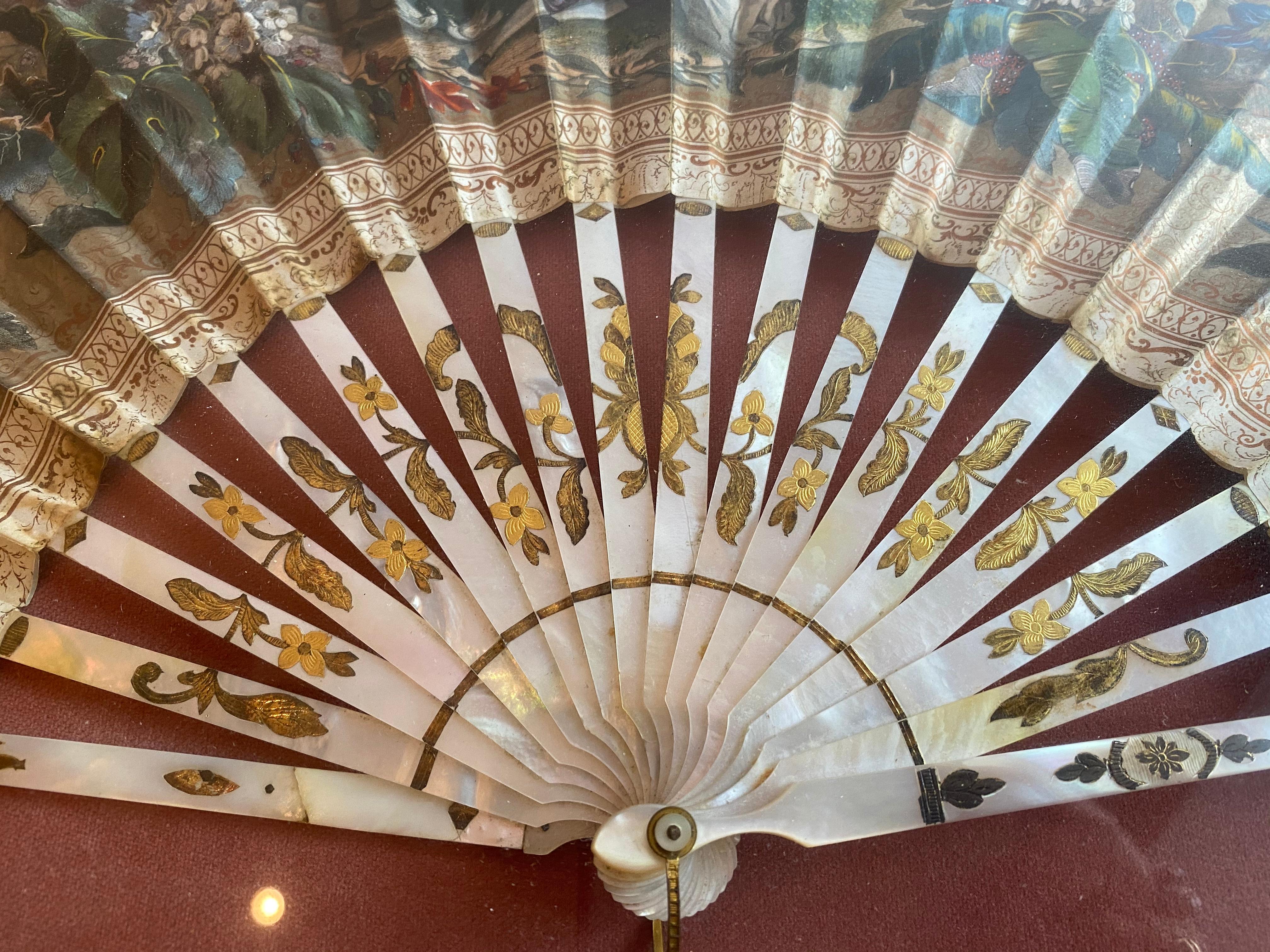 19th Century French Painted Paper and Mother of Pearl Fan For Sale 8