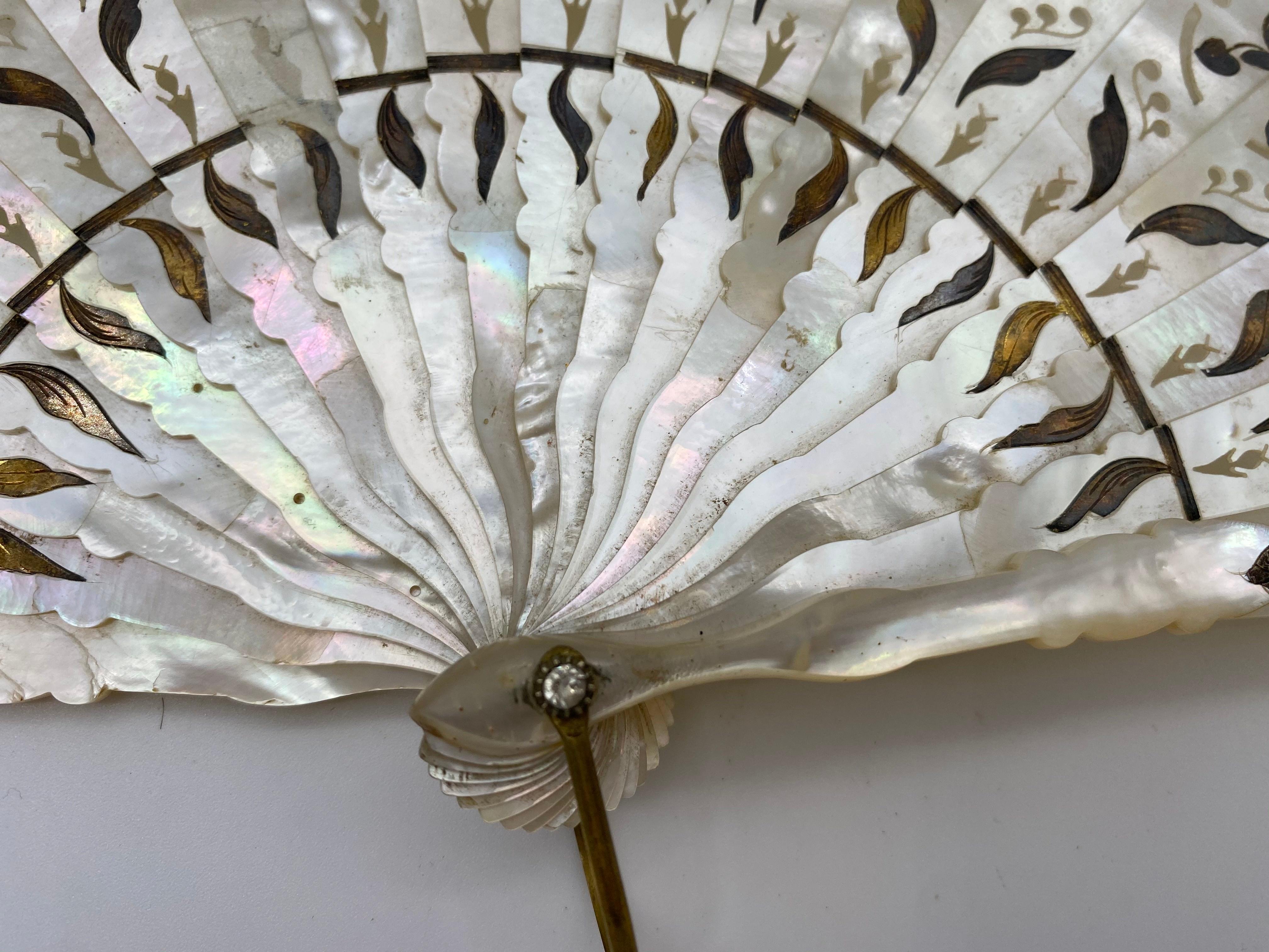 French Provincial 19th Century French Painted Paper and Mother of Pearl Fan