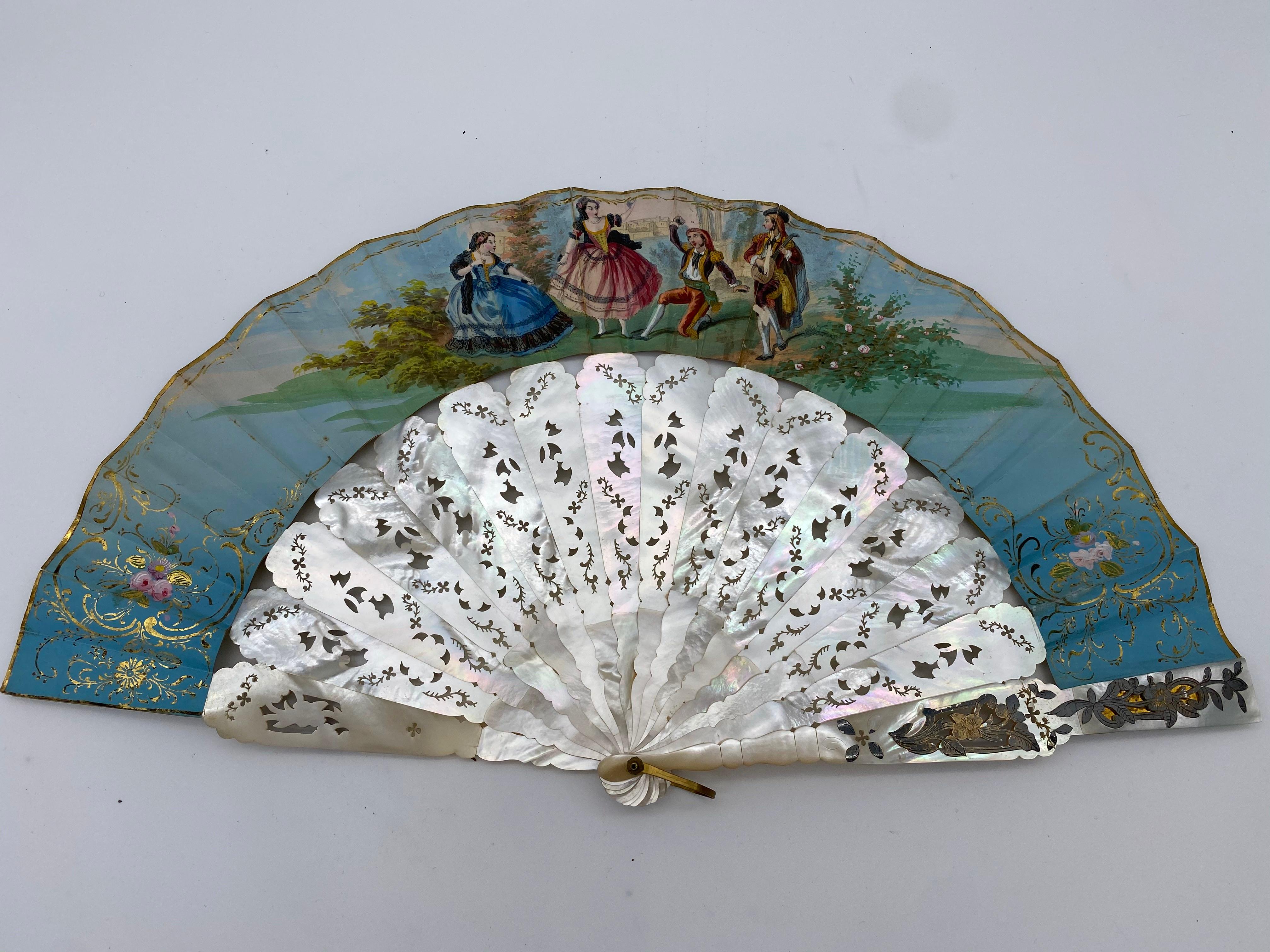 Arts and Crafts 19th Century French Painted Paper and Mother of Pearl Fan