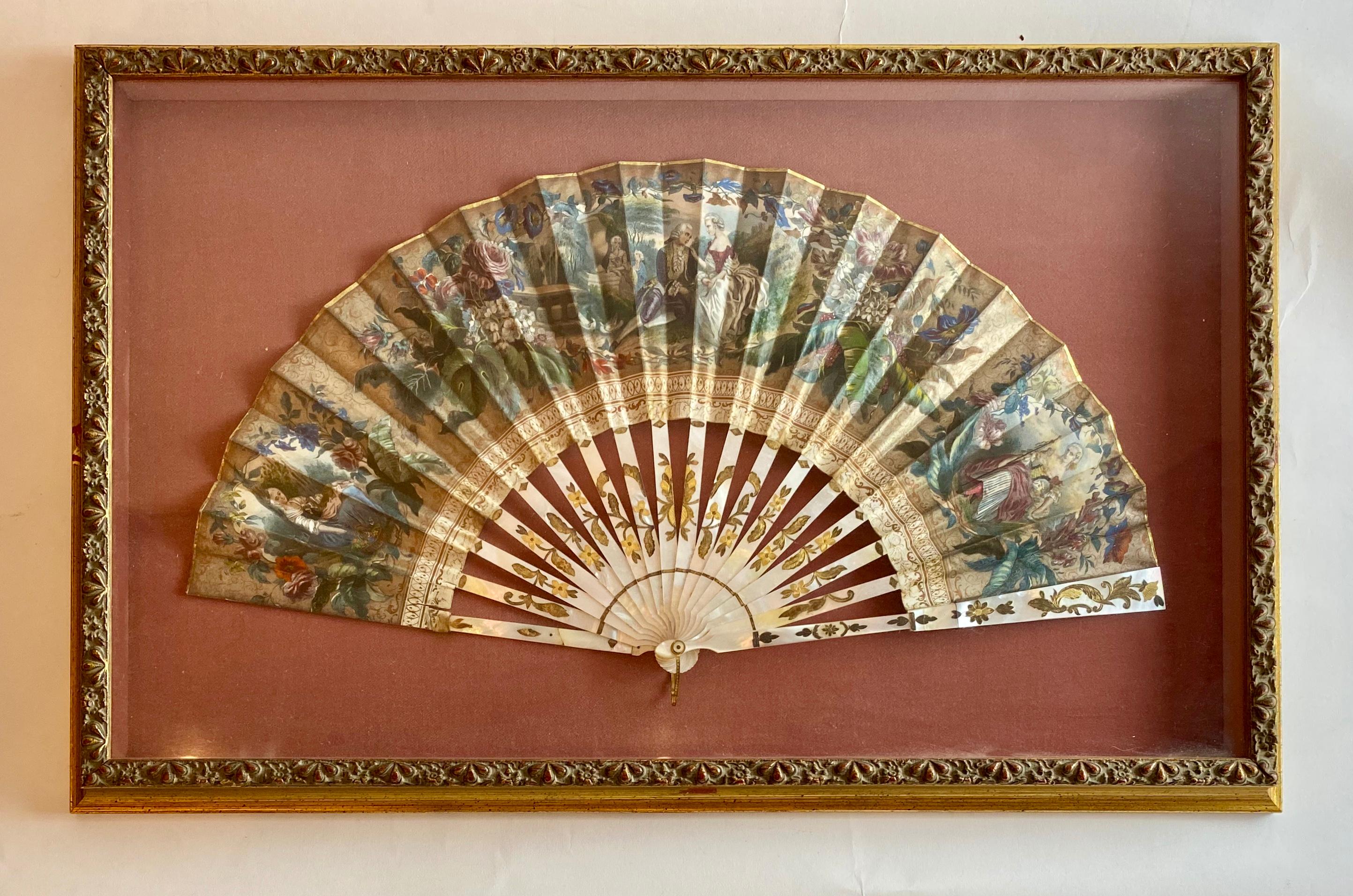 French Provincial 19th Century French Painted Paper and Mother of Pearl Fan For Sale