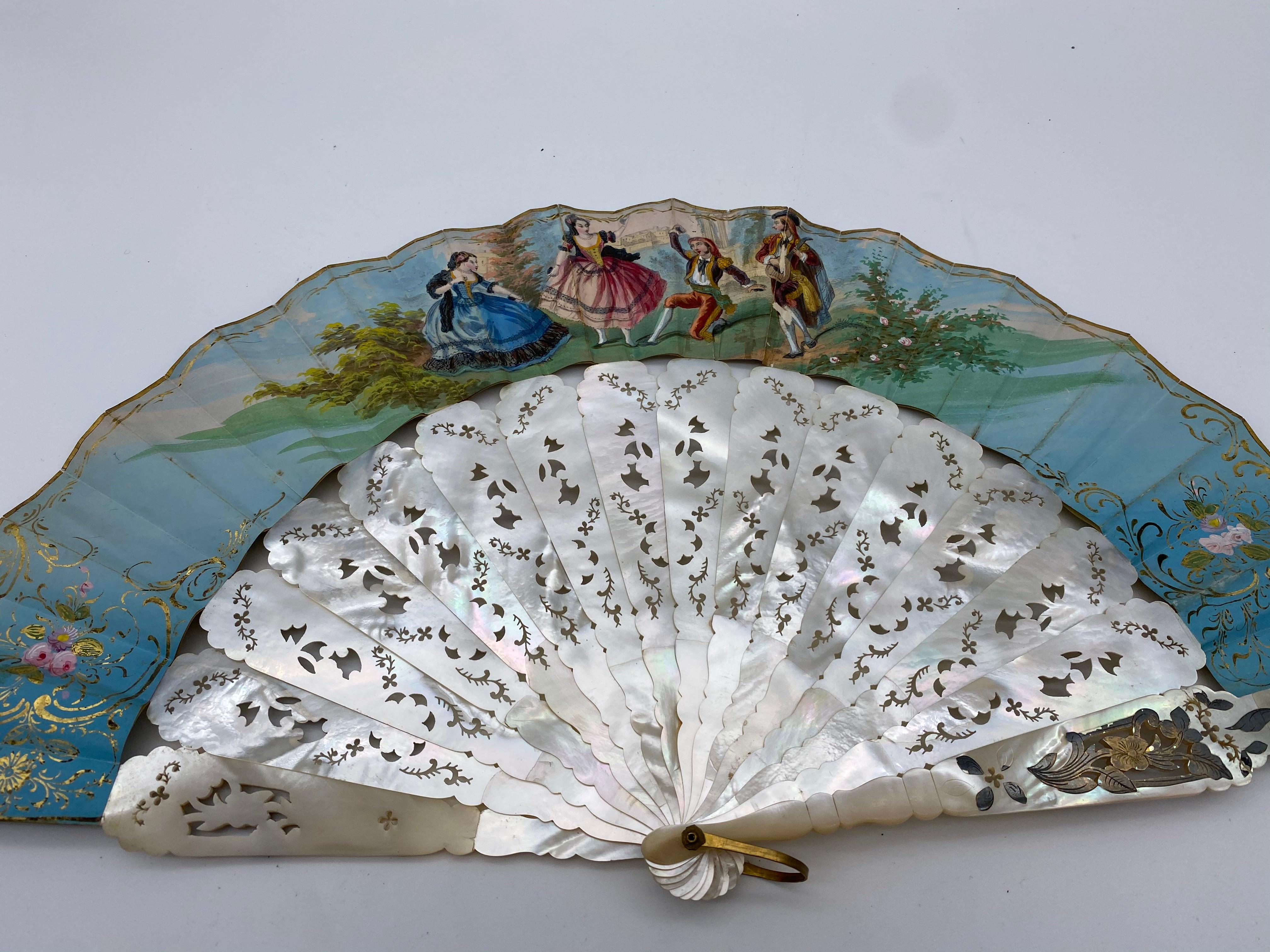 Hand-Carved 19th Century French Painted Paper and Mother of Pearl Fan