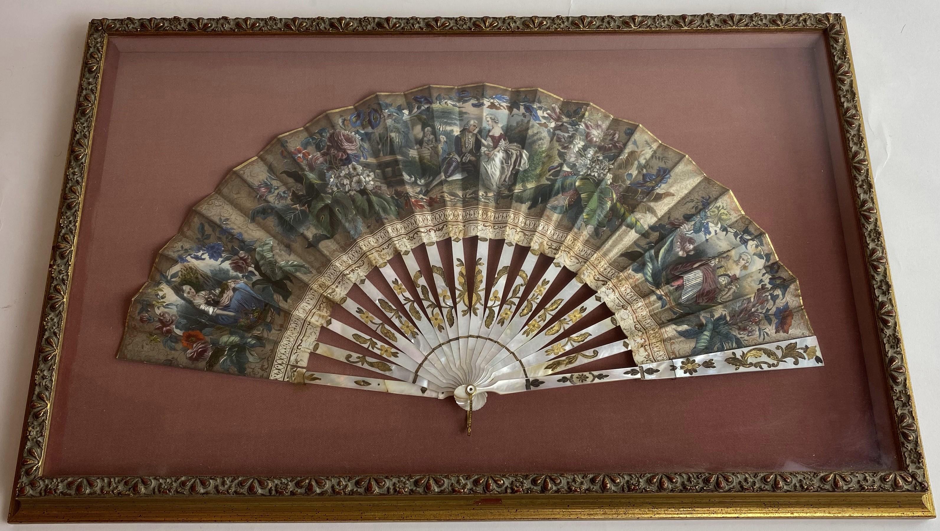 French Provincial 19th Century French Painted Paper and Mother of Pearl Fan For Sale