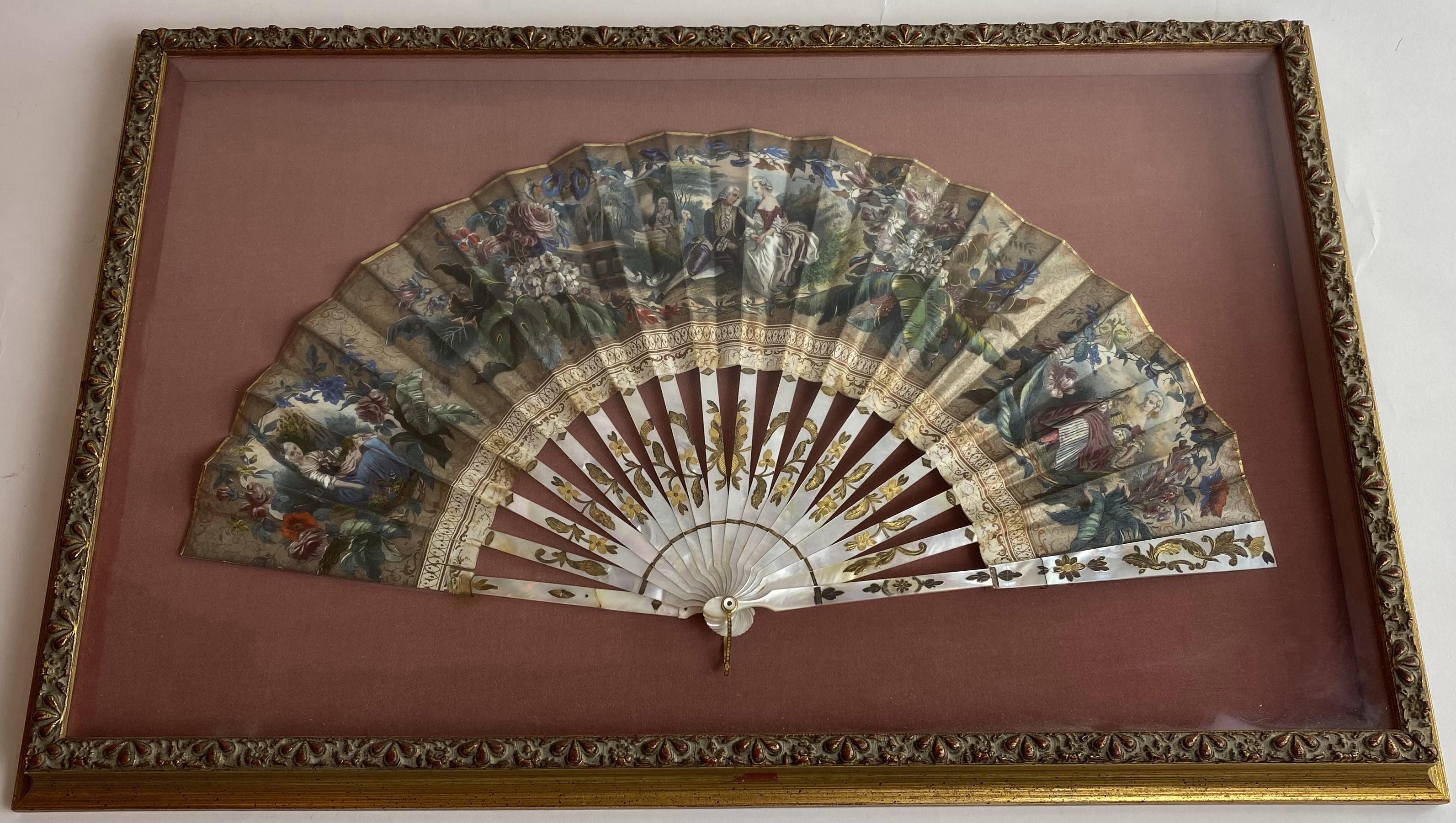 Hand-Carved 19th Century French Painted Paper and Mother of Pearl Fan For Sale