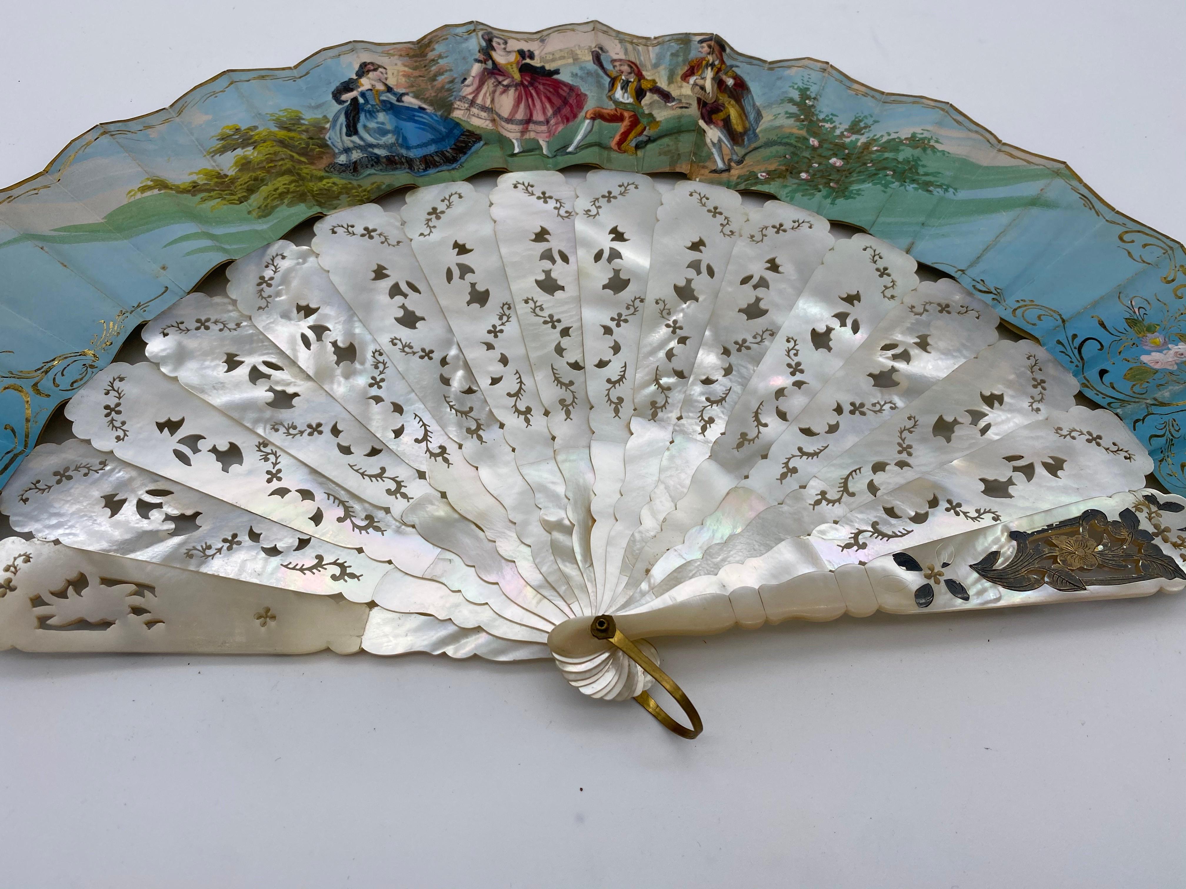 19th Century French Painted Paper and Mother of Pearl Fan In Good Condition In Brea, CA