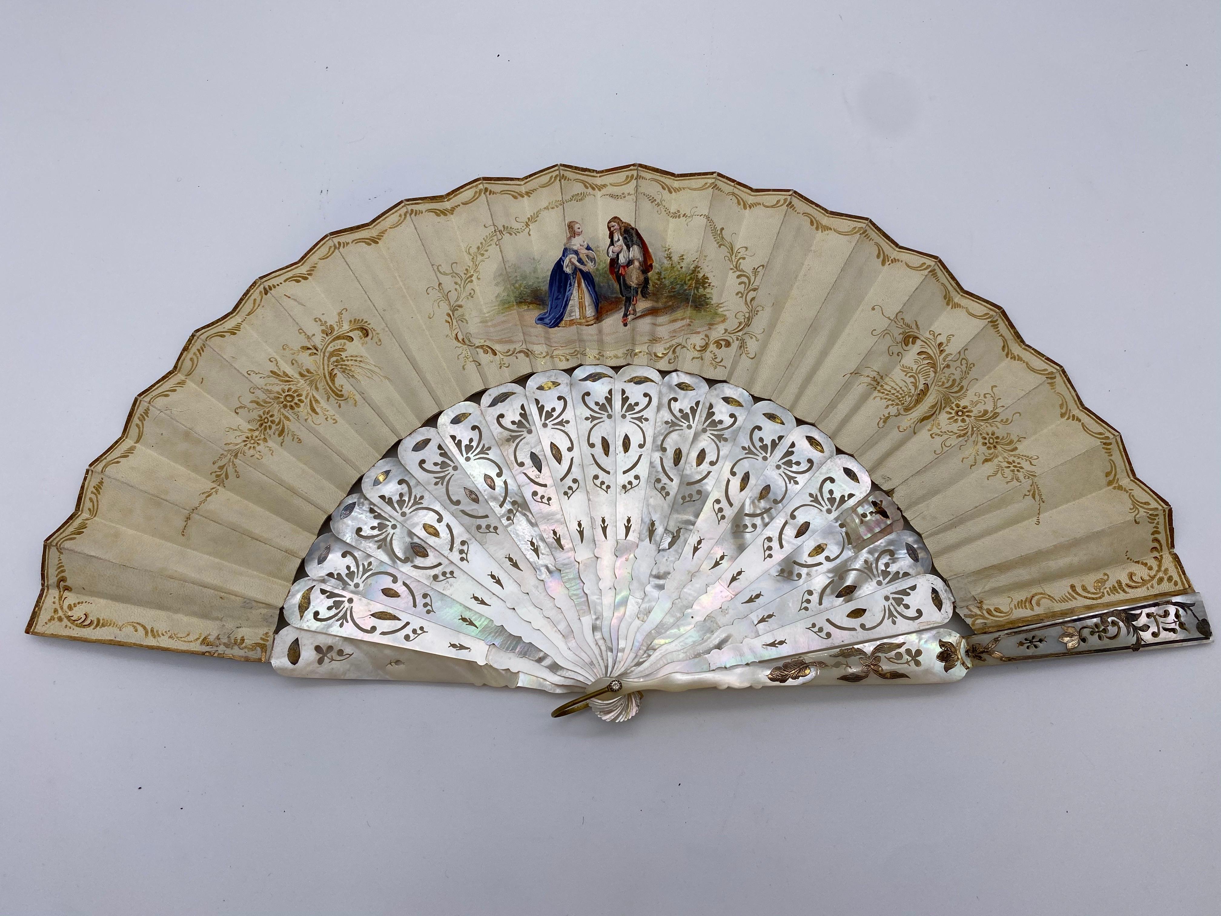 Mid-19th Century 19th Century French Painted Paper and Mother of Pearl Fan