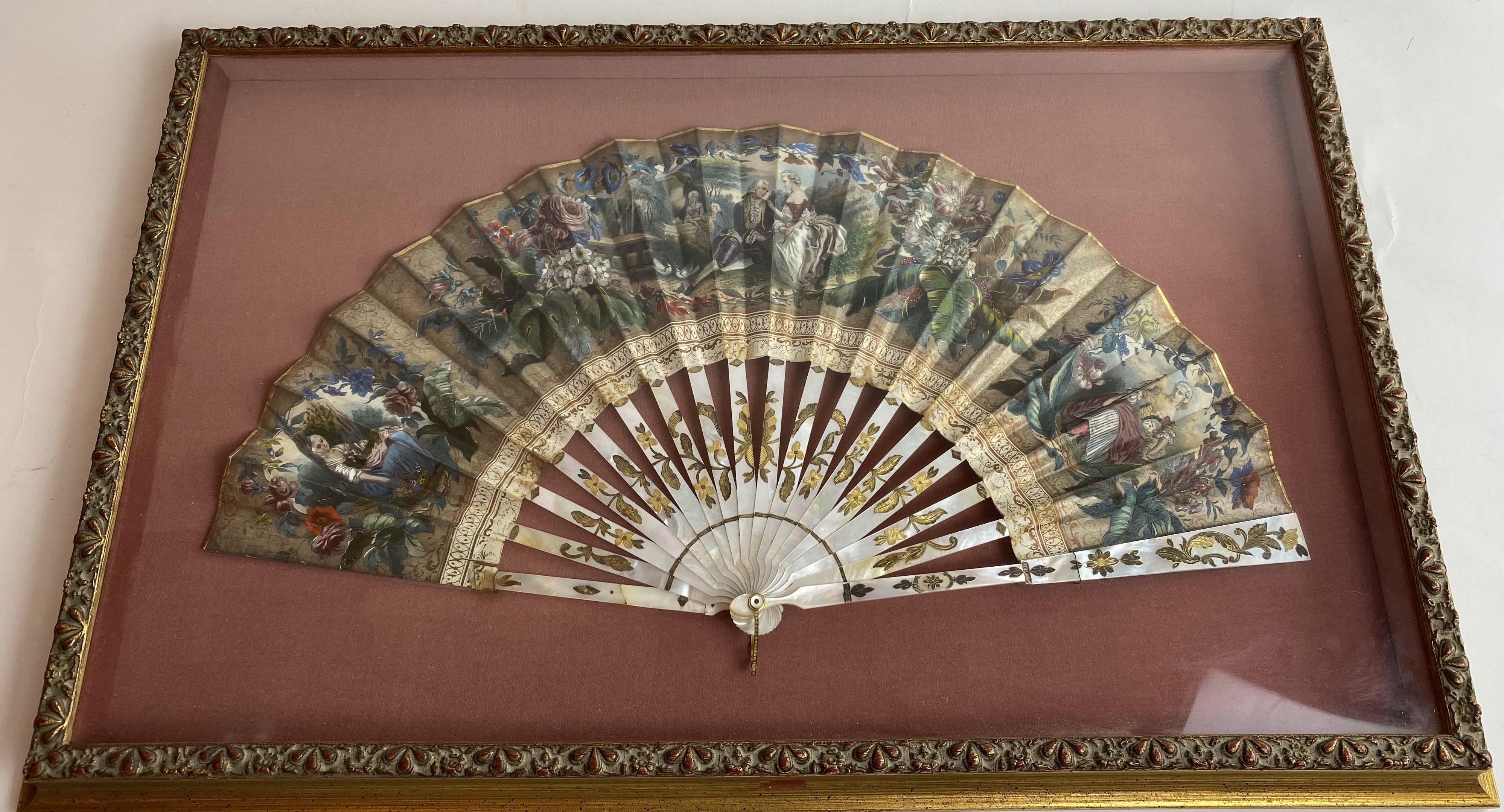 19th Century French Painted Paper and Mother of Pearl Fan In Good Condition For Sale In Brea, CA