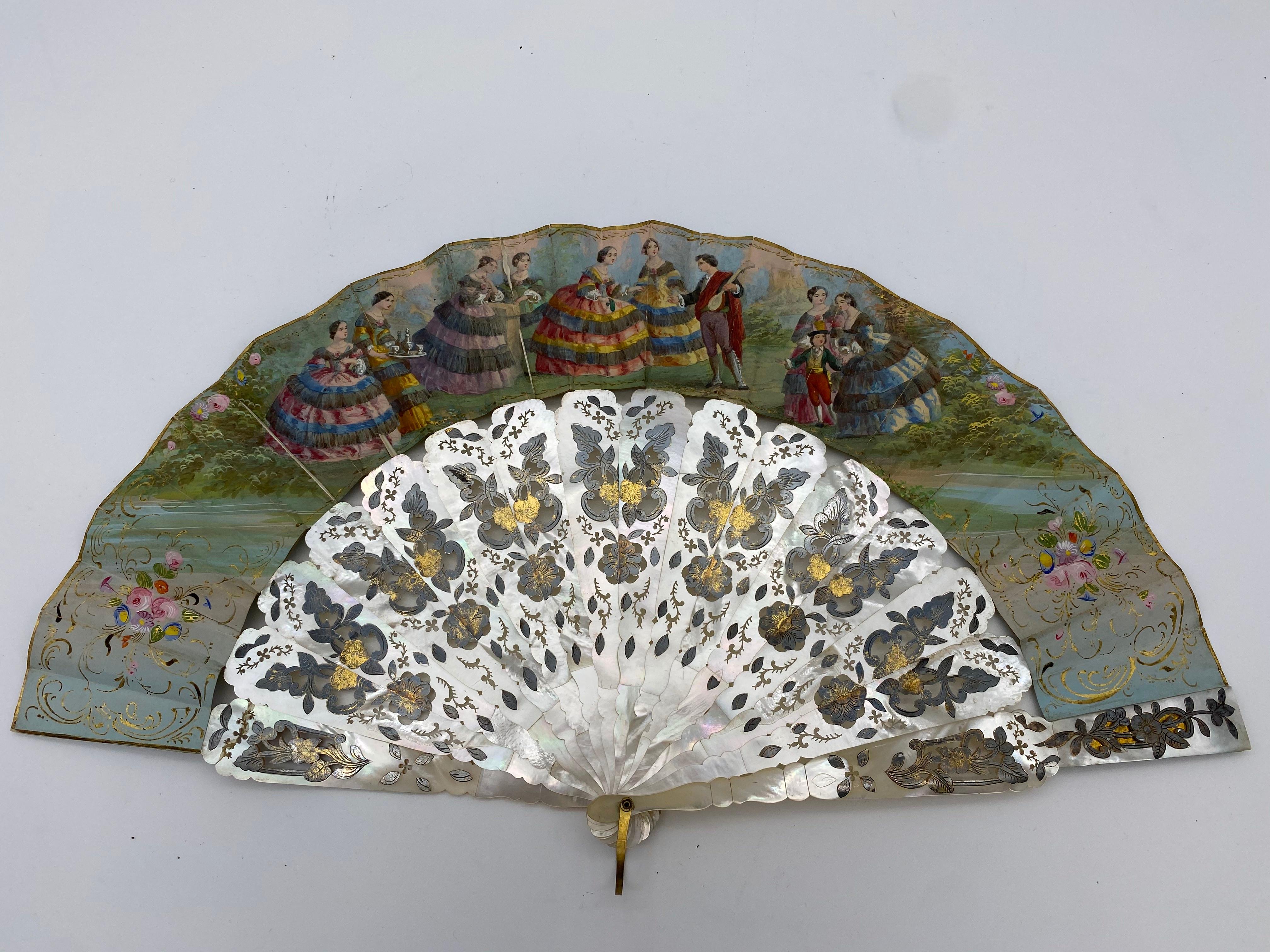 Mid-19th Century 19th Century French Painted Paper and Mother of Pearl Fan