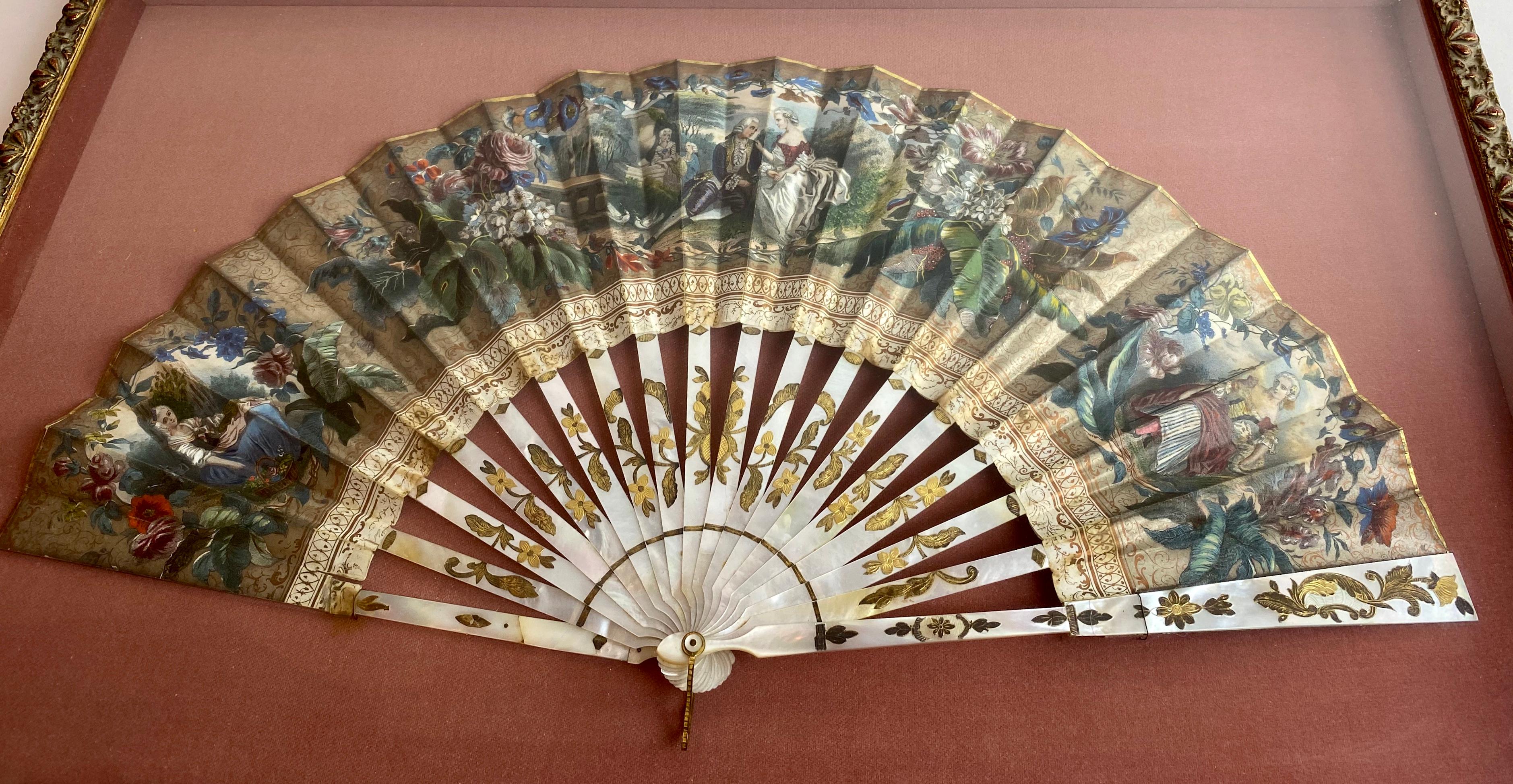 Mid-19th Century 19th Century French Painted Paper and Mother of Pearl Fan For Sale