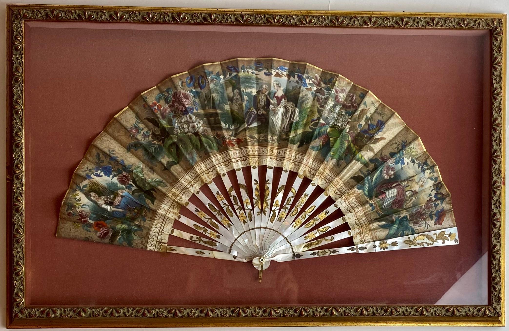 Mother-of-Pearl 19th Century French Painted Paper and Mother of Pearl Fan For Sale