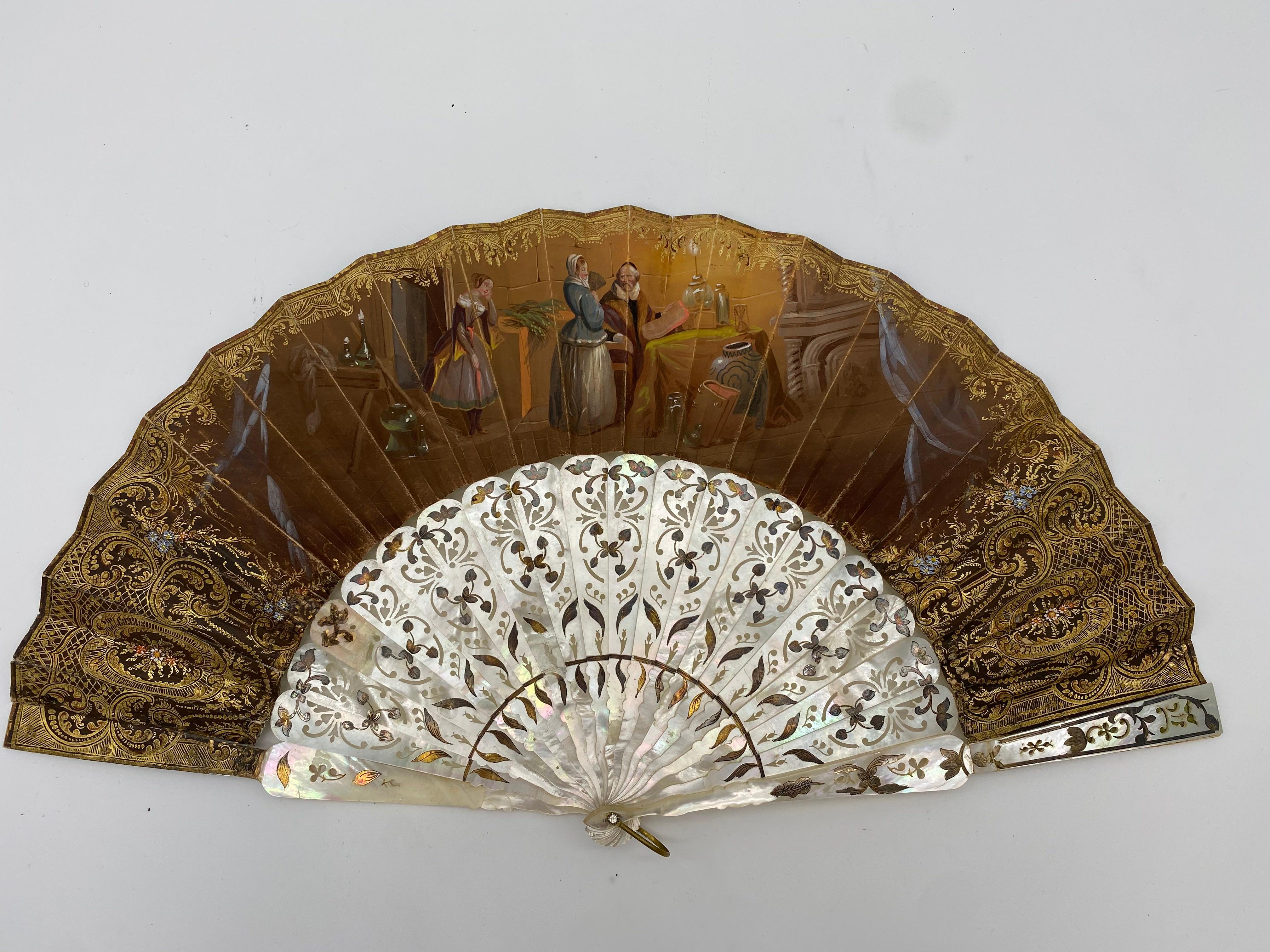 19th Century French Painted Paper and Mother of Pearl Fan For Sale 2