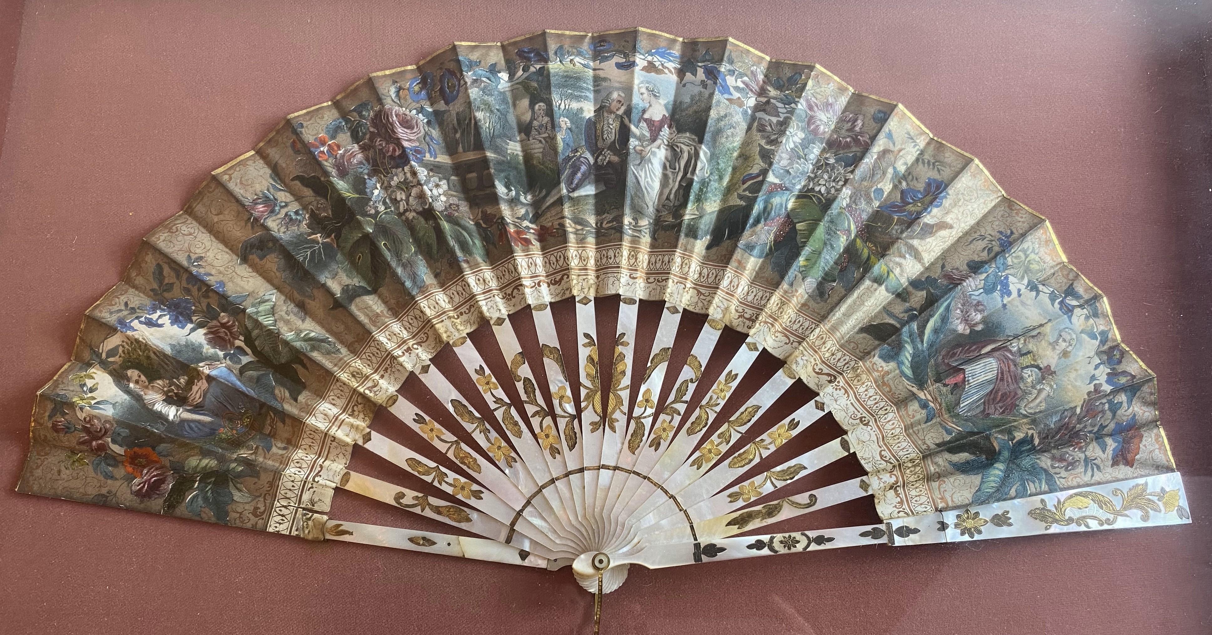 19th Century French Painted Paper and Mother of Pearl Fan For Sale 1