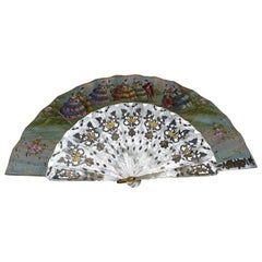 19th Century French Painted Paper and Mother of Pearl Fan