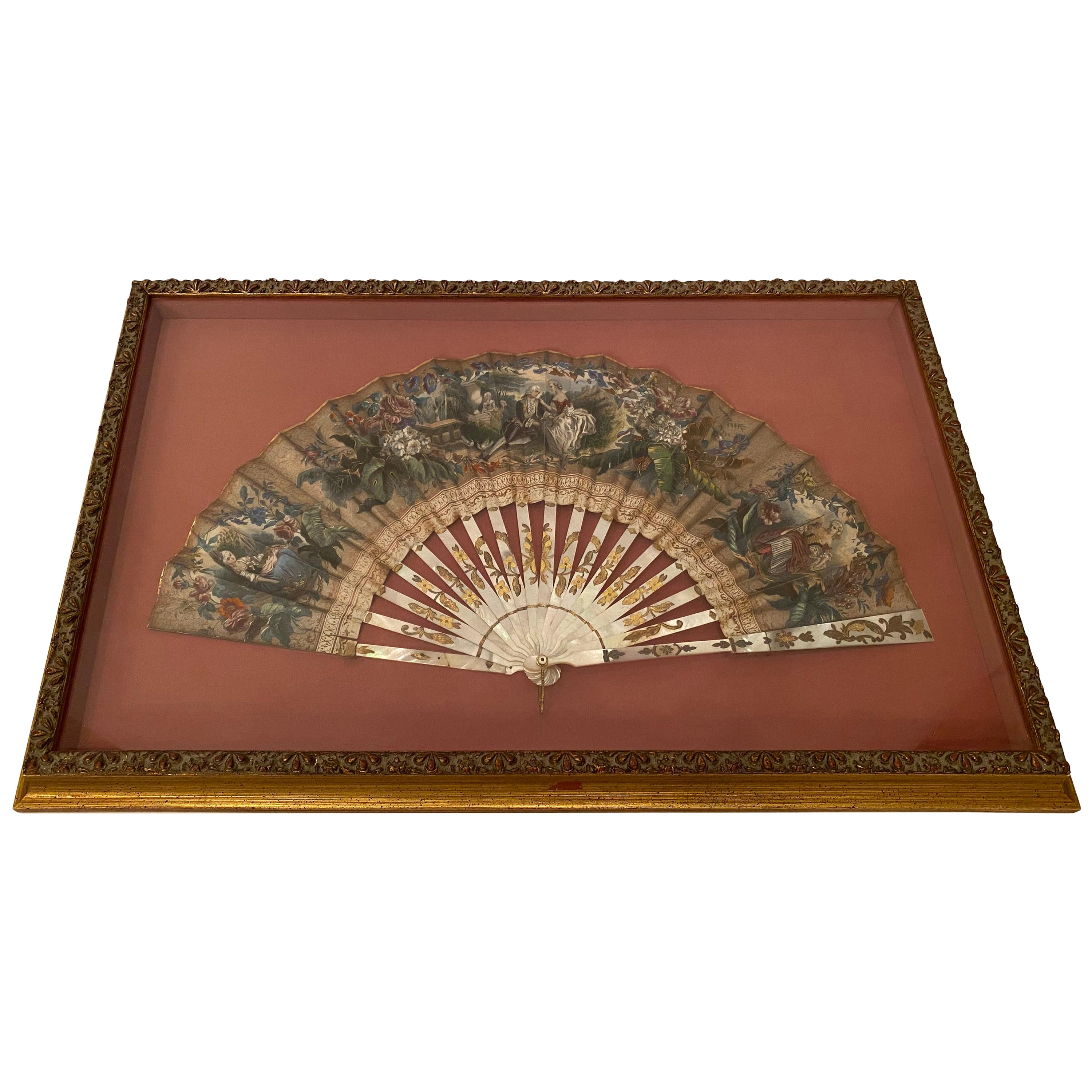 19th Century French Painted Paper and Mother of Pearl Fan For Sale