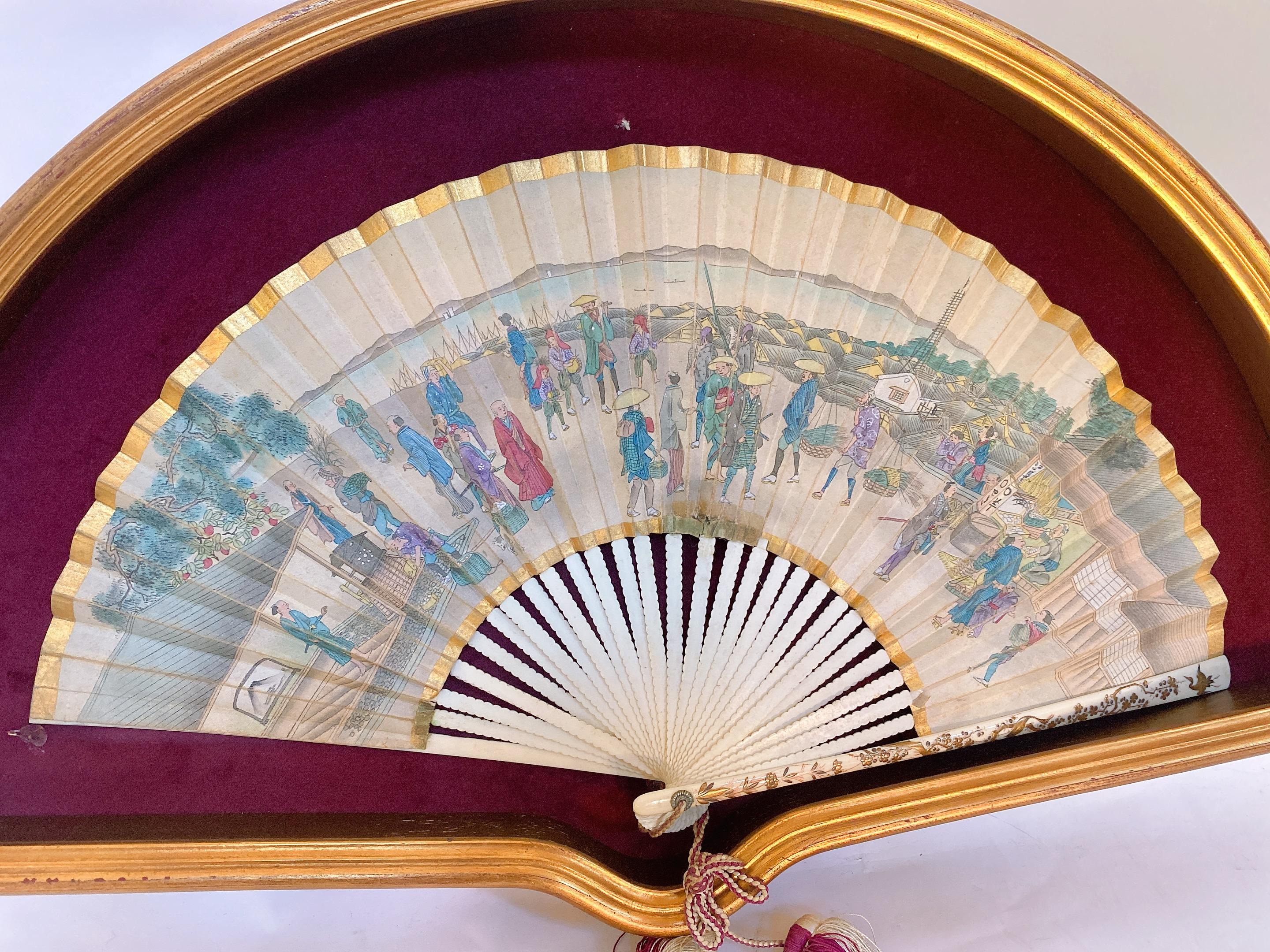 Hand-Carved 19th Century French Painted Paper Fan with Box For Sale