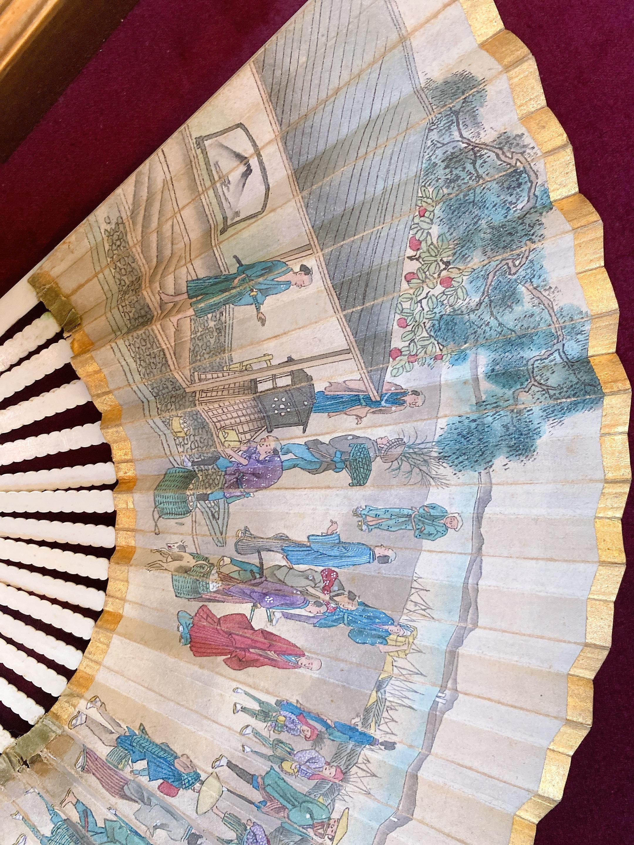 Hand-Carved 19th Century French Painted Paper Fan with Box For Sale