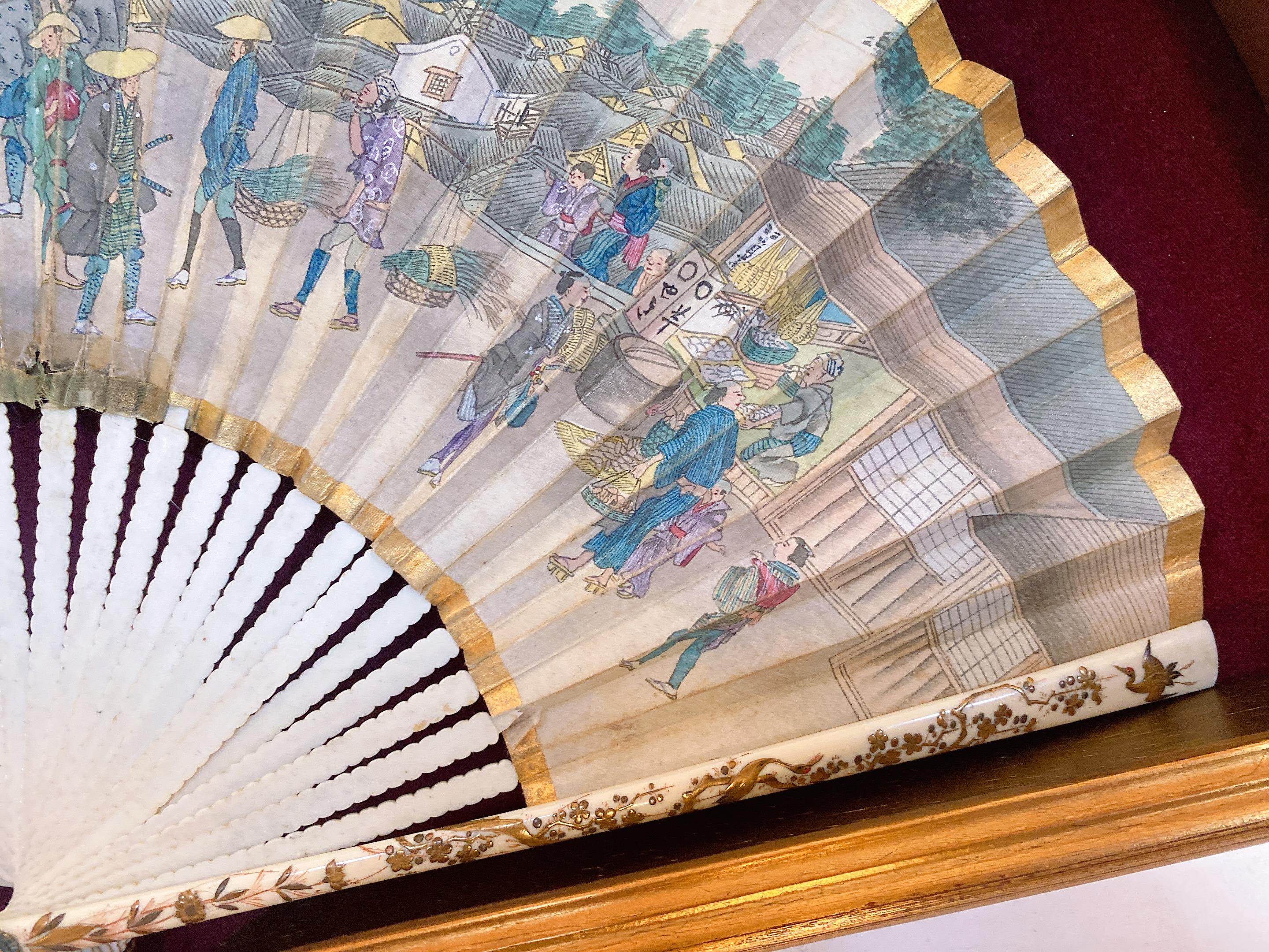 Mid-19th Century 19th Century French Painted Paper Fan with Box For Sale