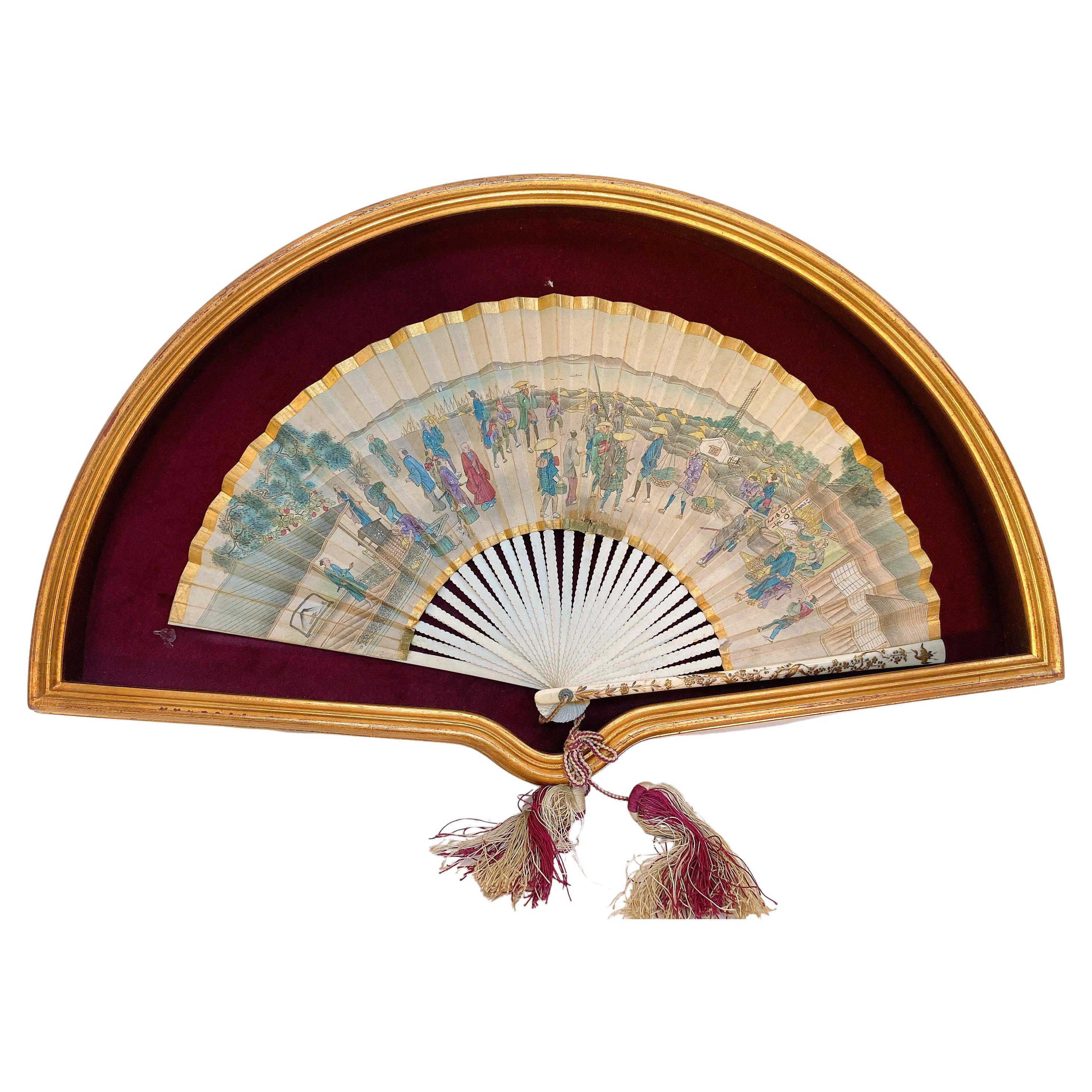 19th Century French Painted Paper Fan with Box