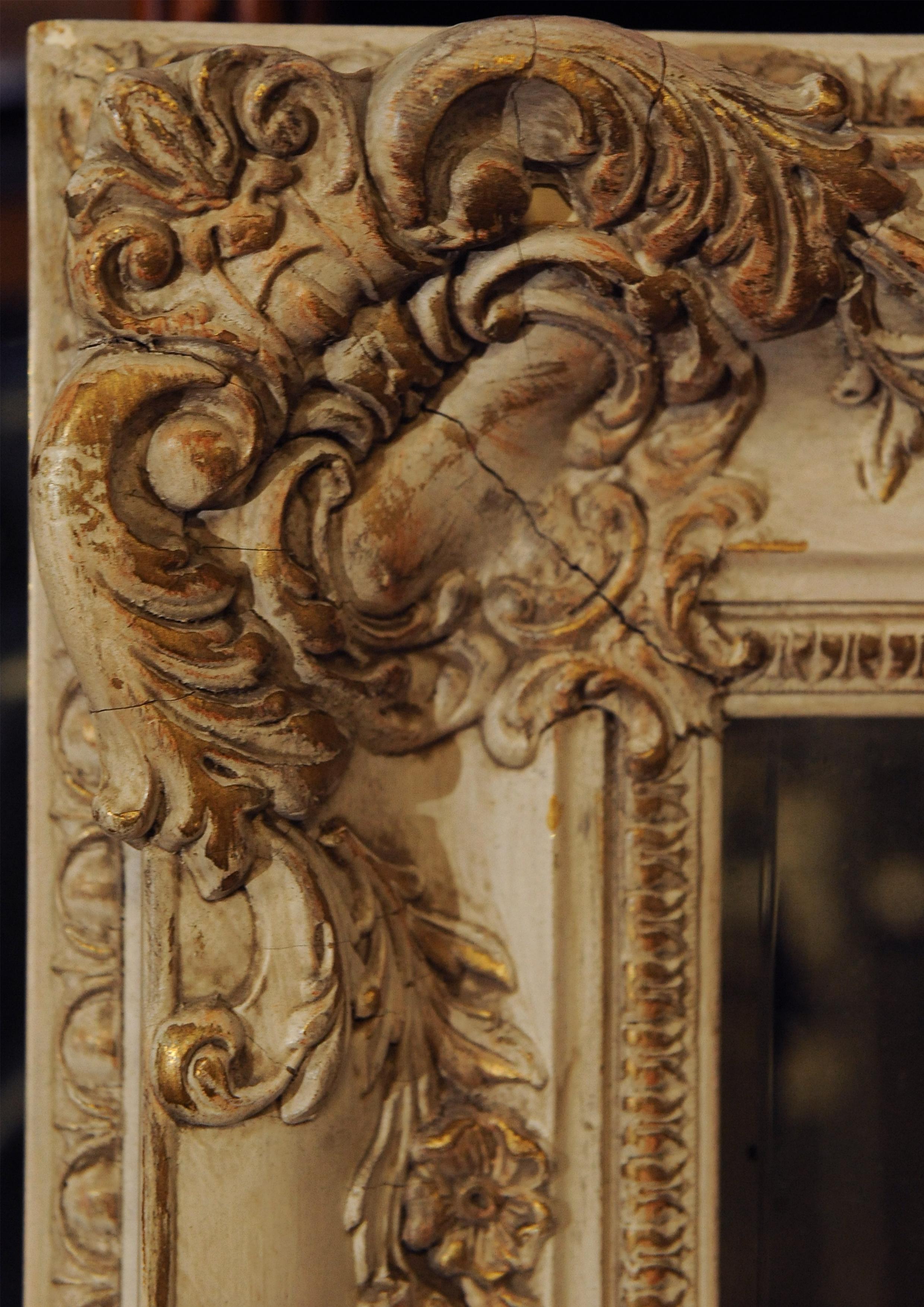 French Provincial Beautiful 19th Century Cream French Painted Decorative Rectangular Wall Mirror For Sale