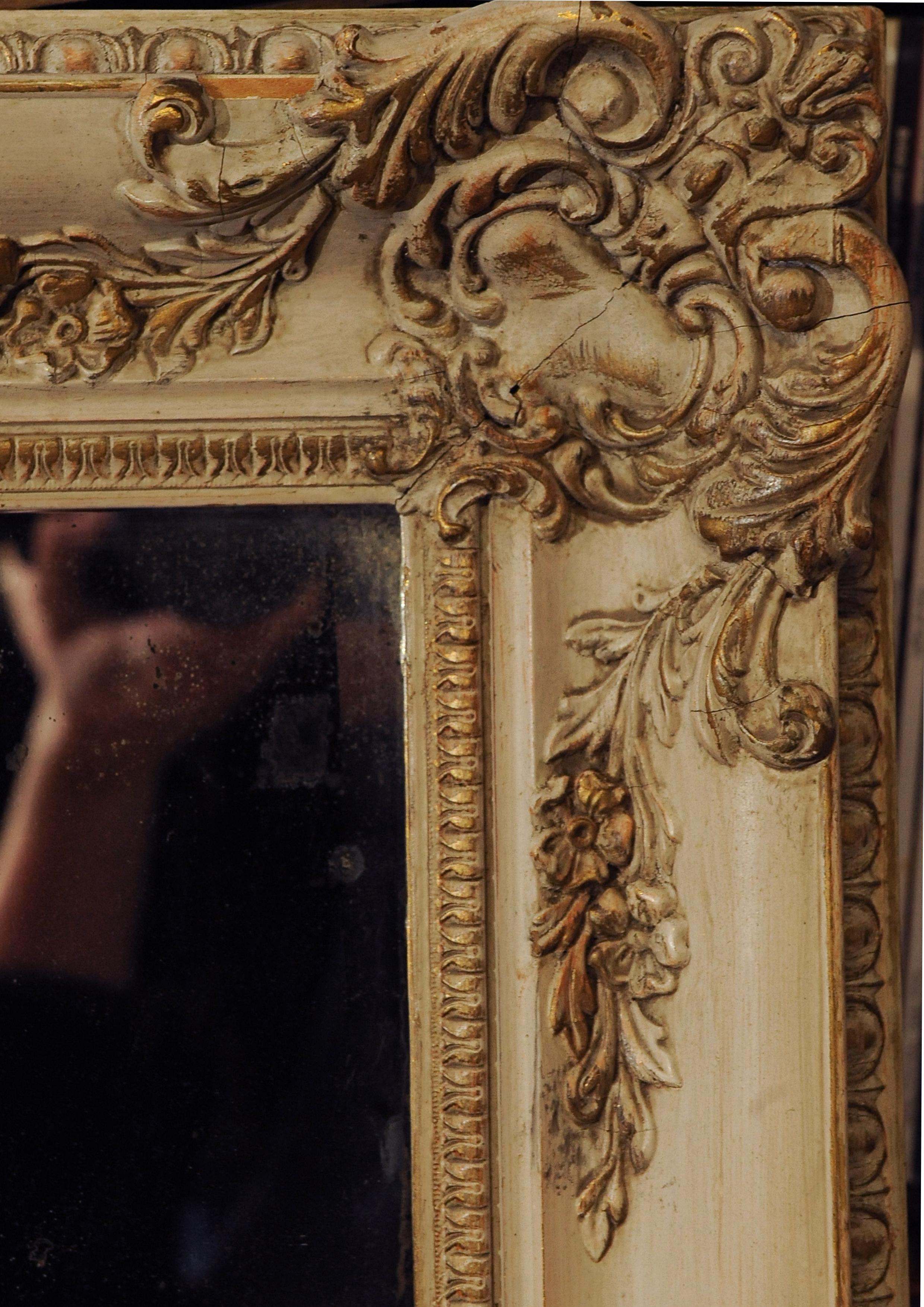 Beautiful 19th Century Cream French Painted Decorative Rectangular Bevelled Edge Wall Mirror With Decorative Gilt Gesso Florals and Foliage Detailing