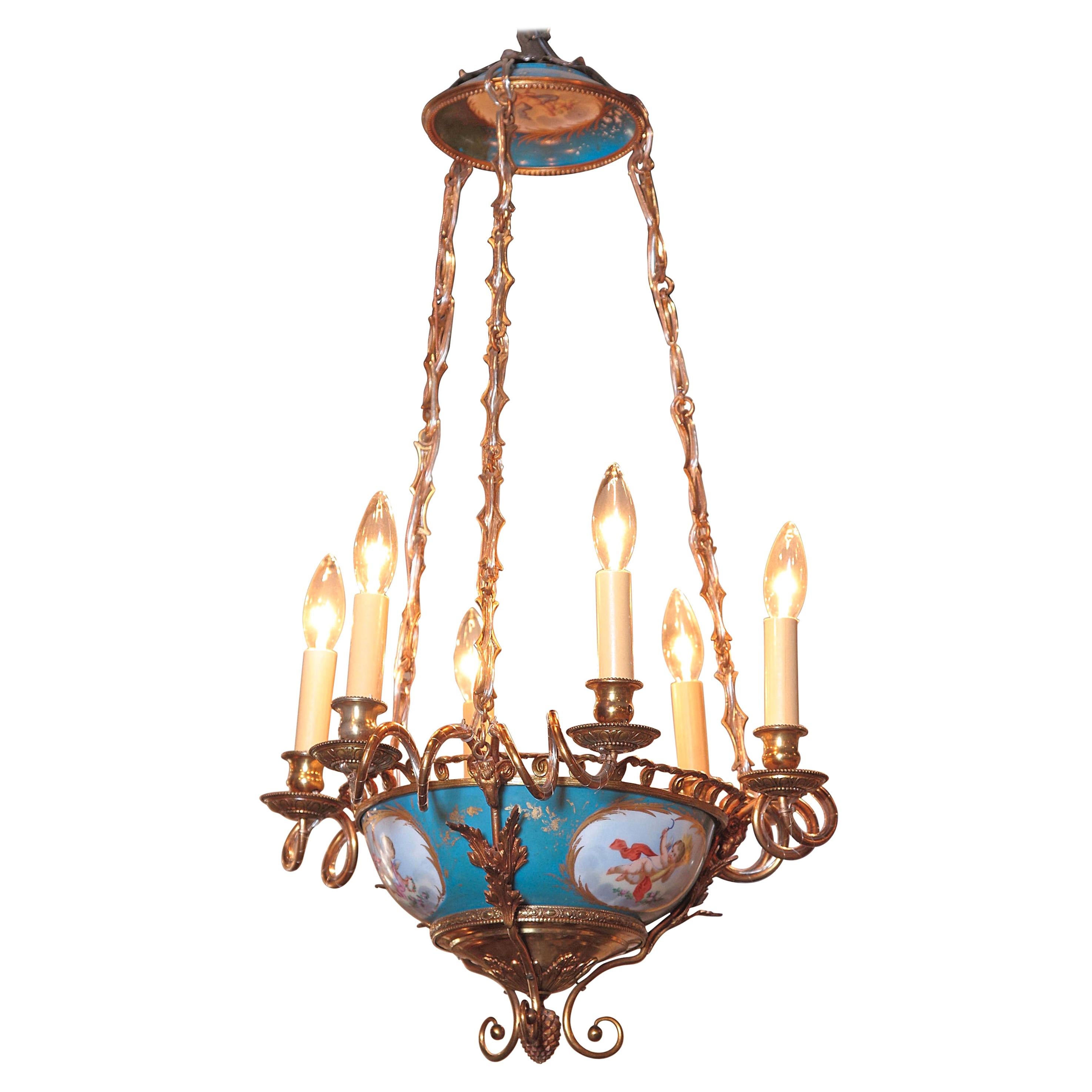 19th Century French Painted Porcelain and Brass Sevres Six-Light Chandelier
