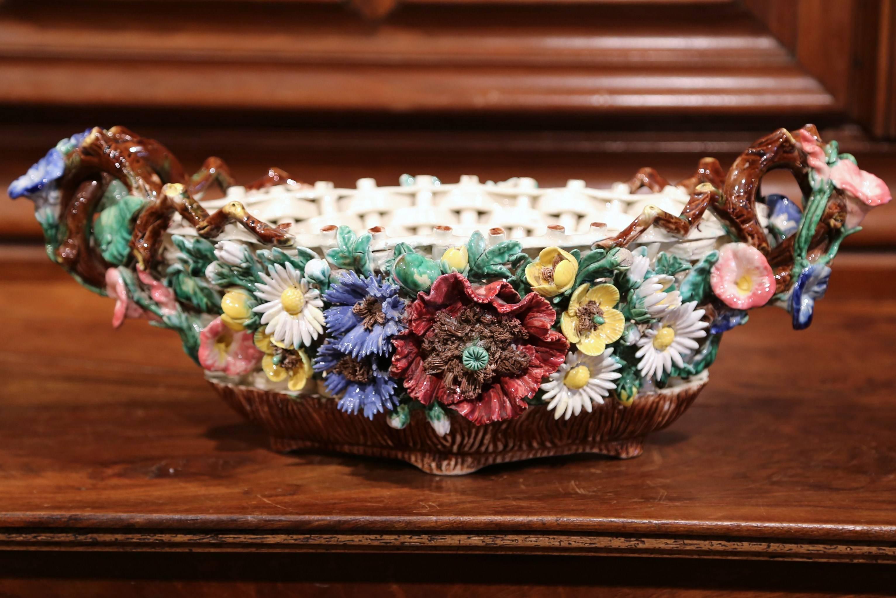 Hand-Crafted 19th Century French Painted Porcelain Barbotine Jardinière with Floral Motifs