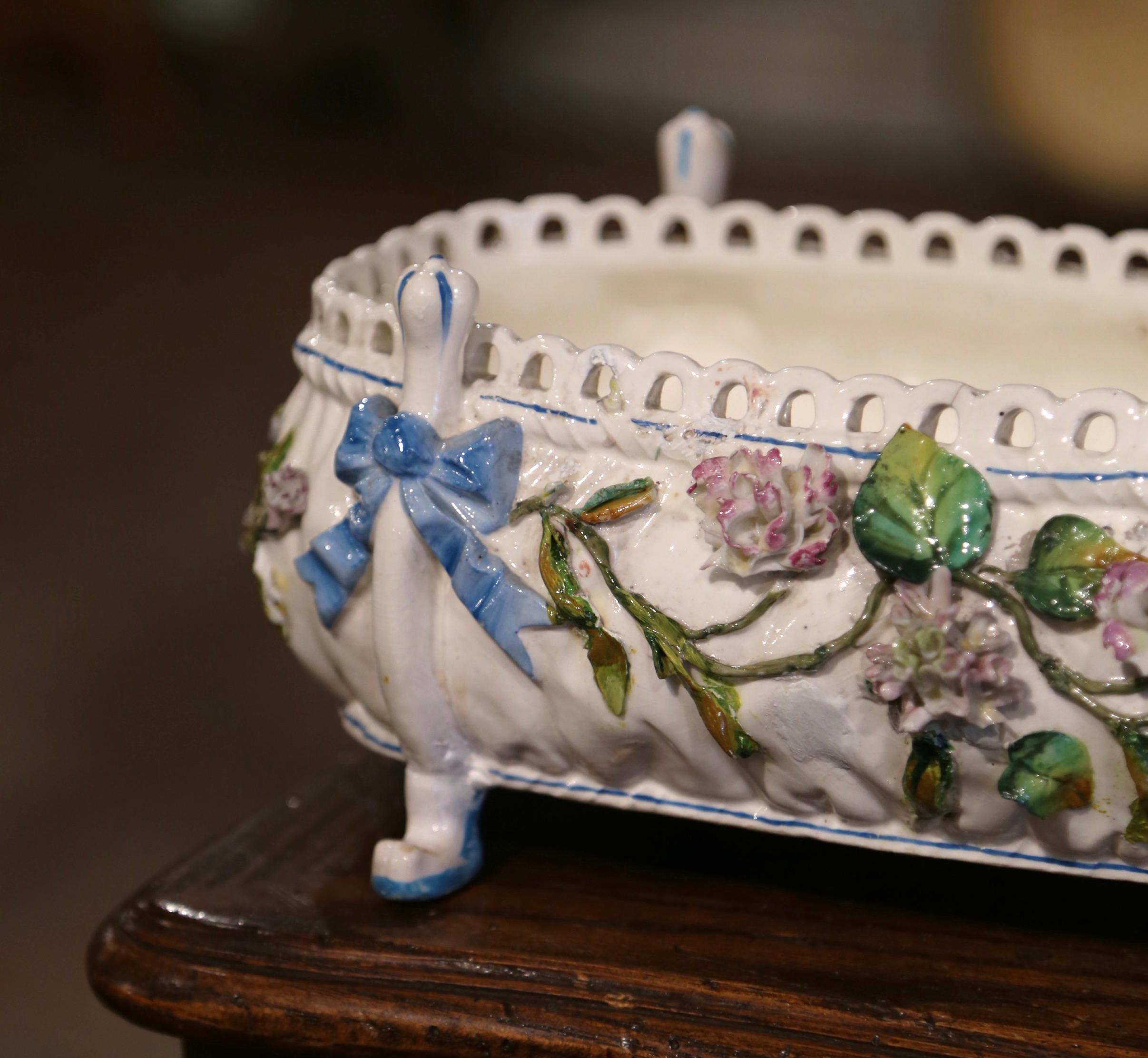 Hand-Crafted 19th Century French Painted Porcelain Barbotine Jardiniere with Floral Motifs For Sale