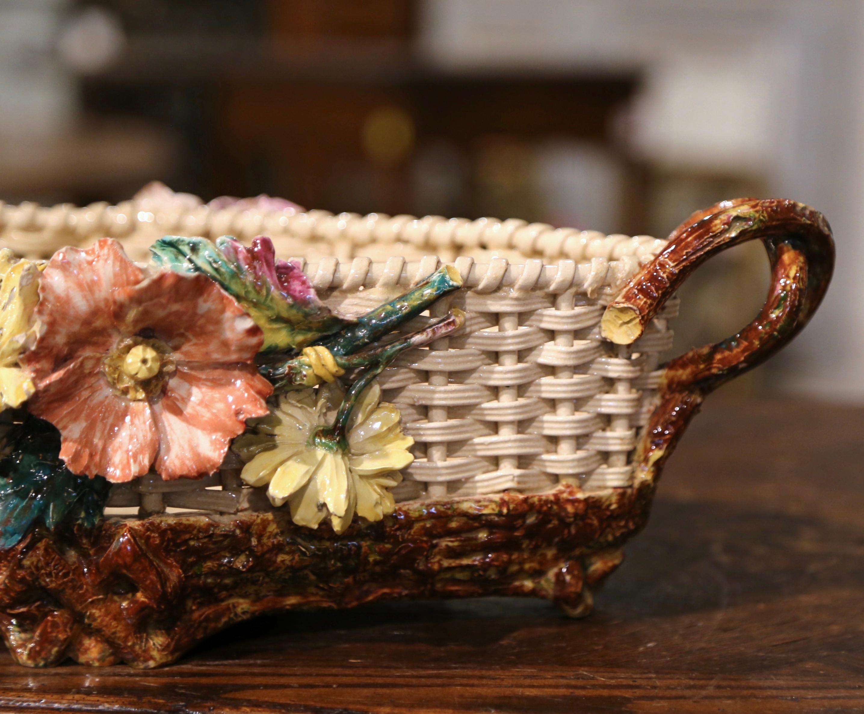 19th Century French Painted Porcelain Barbotine Jardinière with Floral Motifs In Excellent Condition For Sale In Dallas, TX