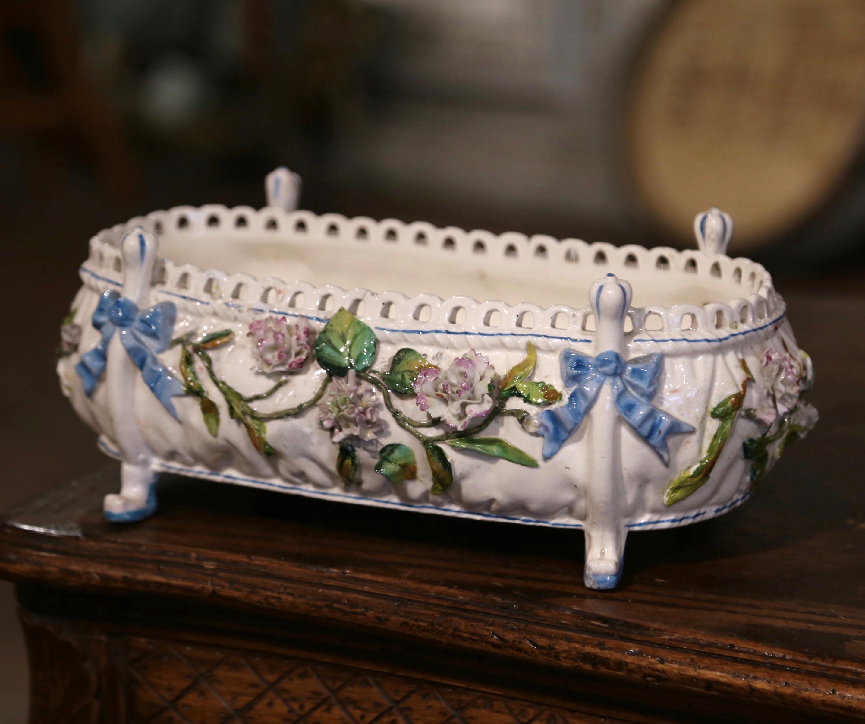 Majolica 19th Century French Painted Porcelain Barbotine Jardiniere with Floral Motifs For Sale