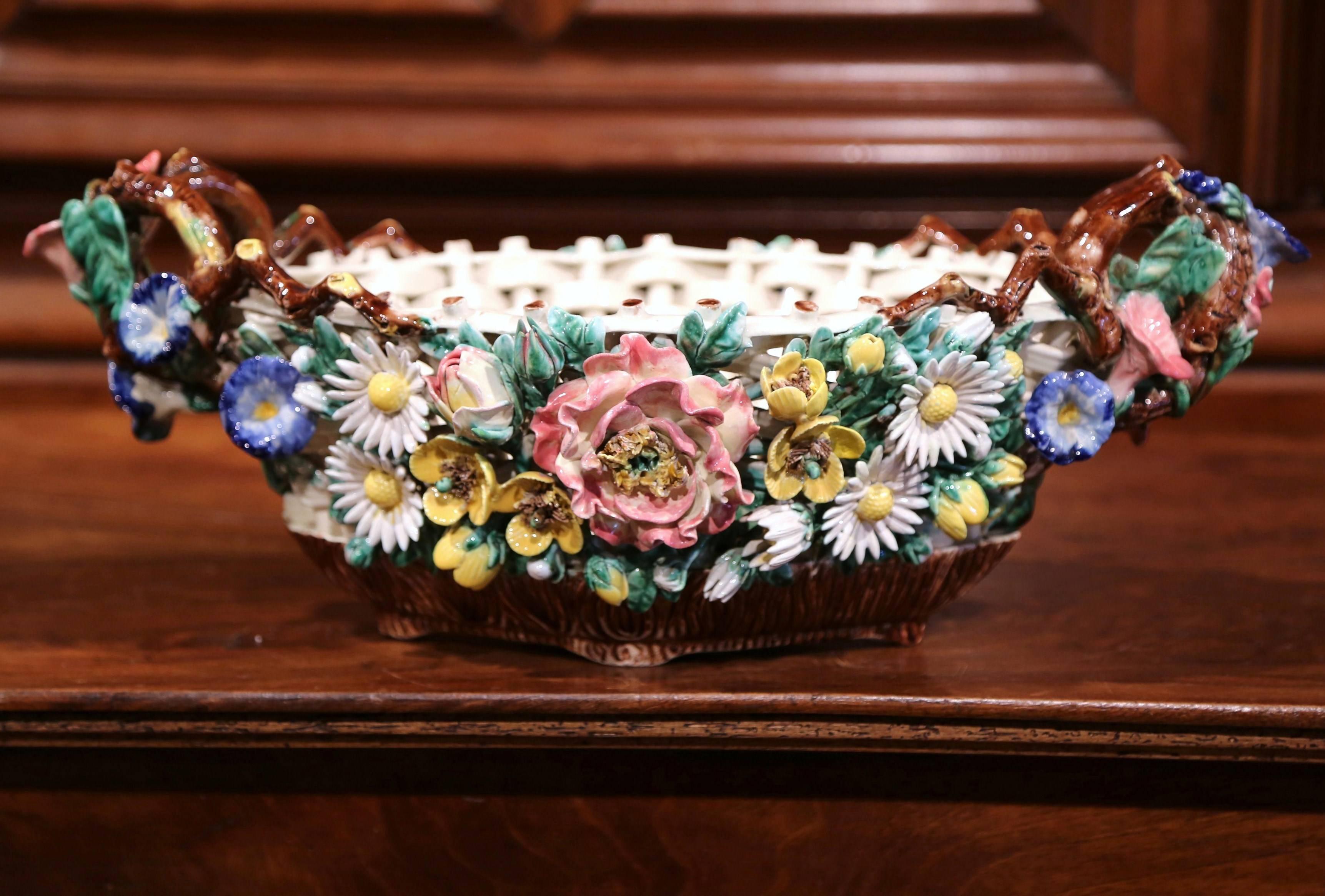 19th Century French Painted Porcelain Barbotine Jardinière with Floral Motifs 1