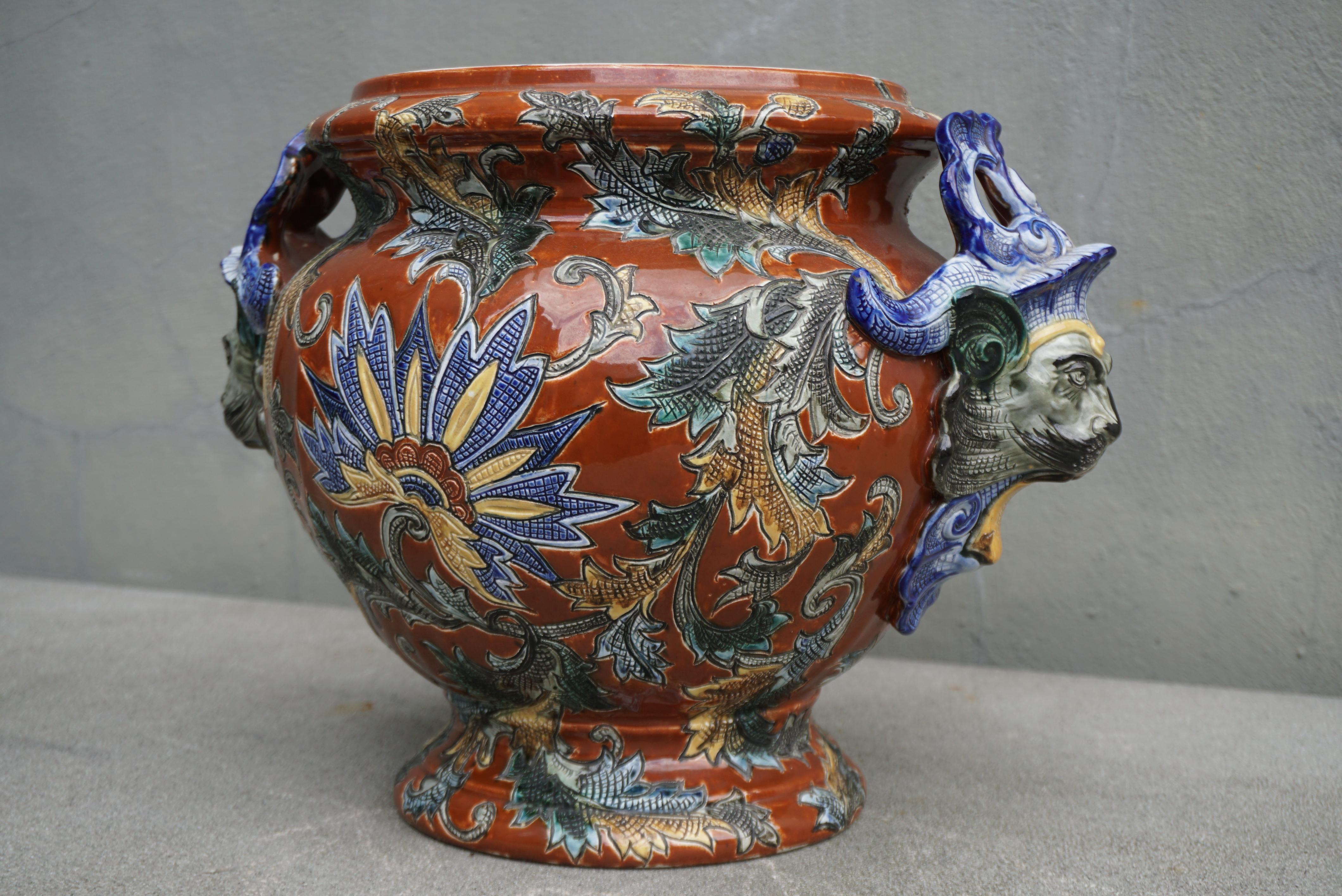 Ceramic 19th Century French Painted Porcelain Cache Pot Planter For Sale