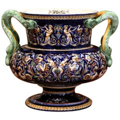 pot à caches en porcelaine peinte du 19ème siècle avec poignées serpent de Gien