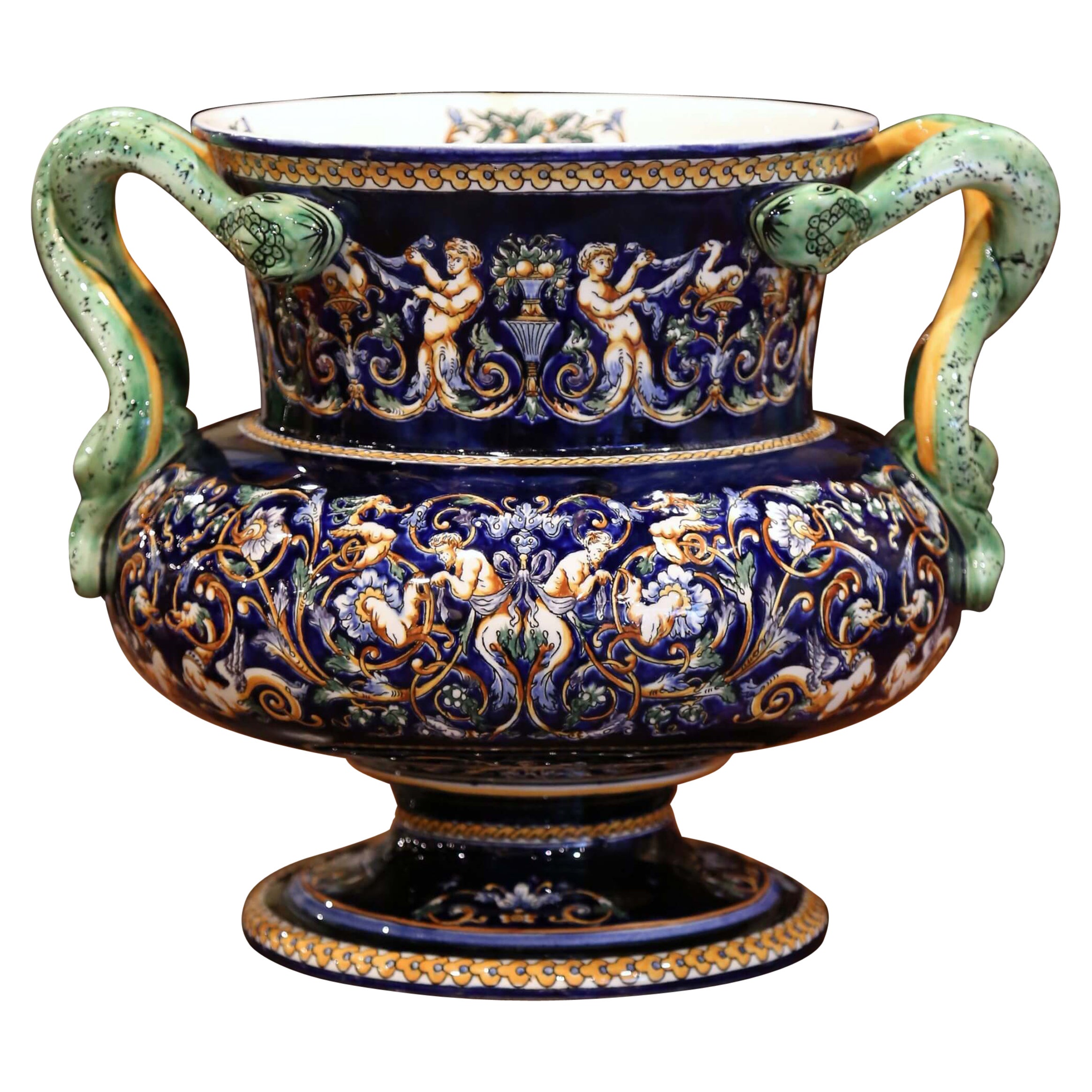 19th Century French Painted Porcelain Cache Pot with Snake Handles from Gien