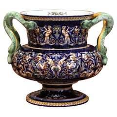 19th Century French Painted Porcelain Cache Pot with Snake Handles from Gien
