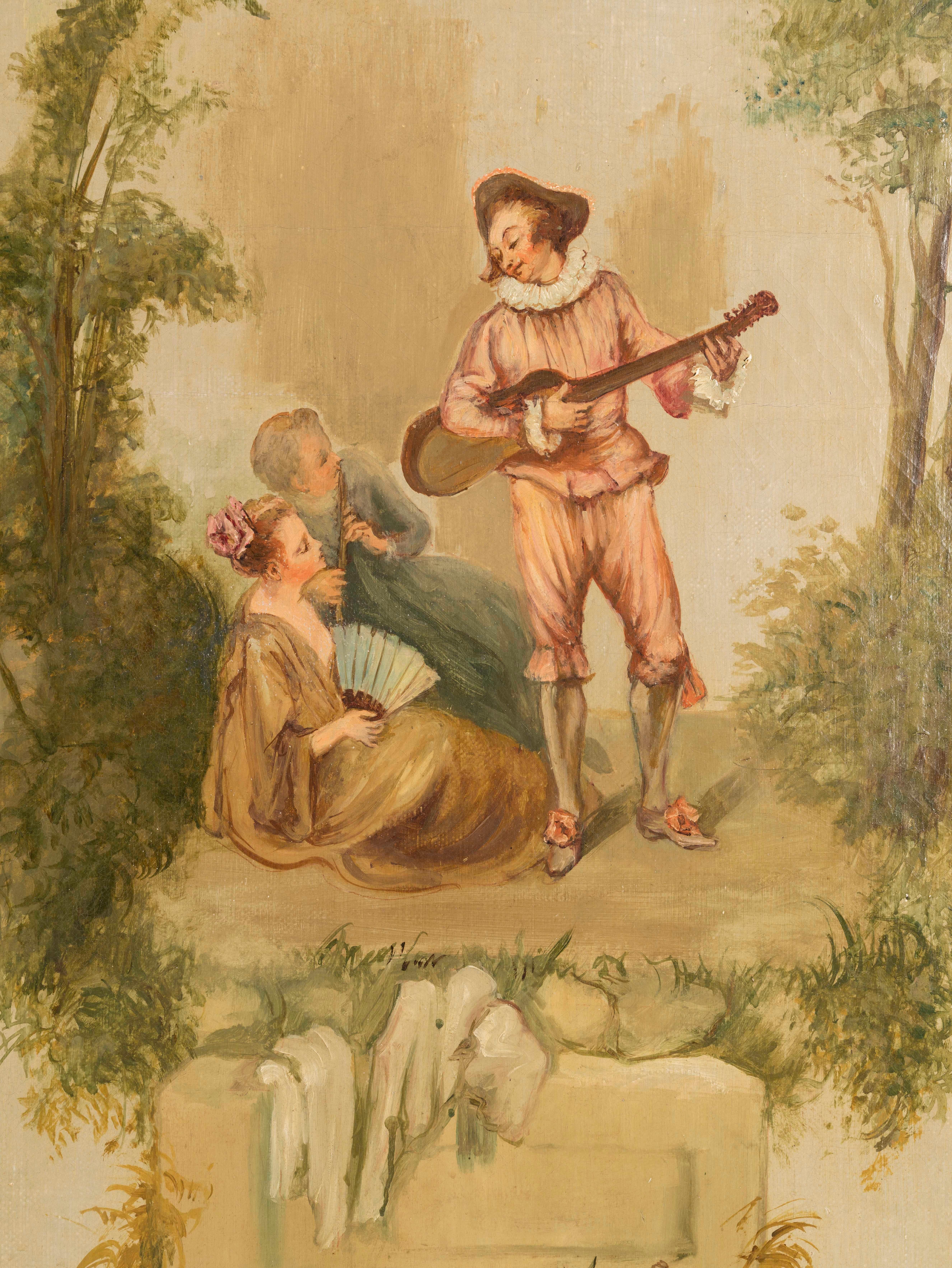 Wateau Back Rococo 19th Century French Painted Screen in the Rococo Style with Paintings ...