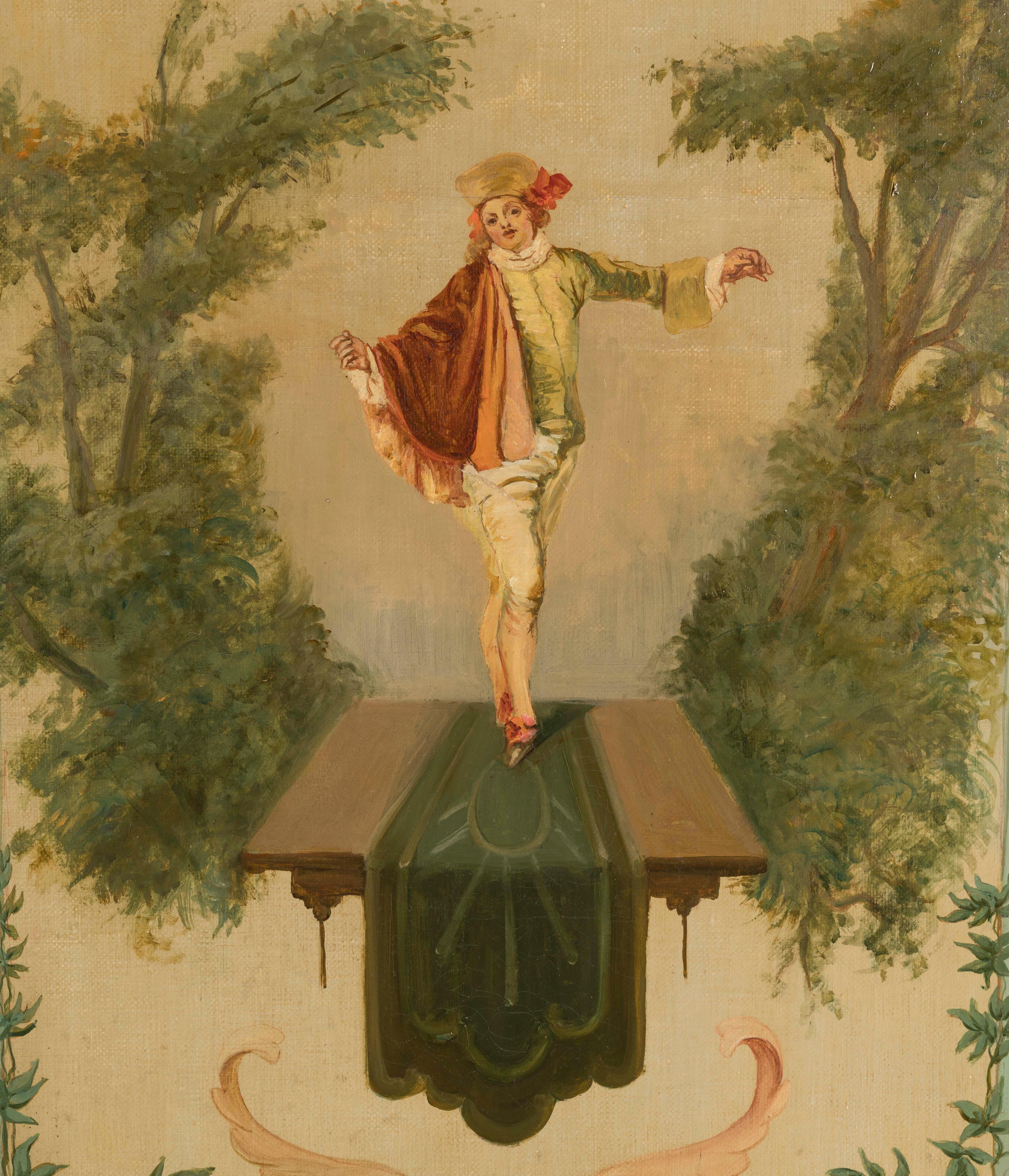 Wateau Back Rococo 19th Century French Painted Screen in the Rococo Style with Paintings ...