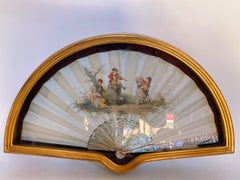 19th Century French Painted Silk of Mother of Pearl Fan with Frame Case