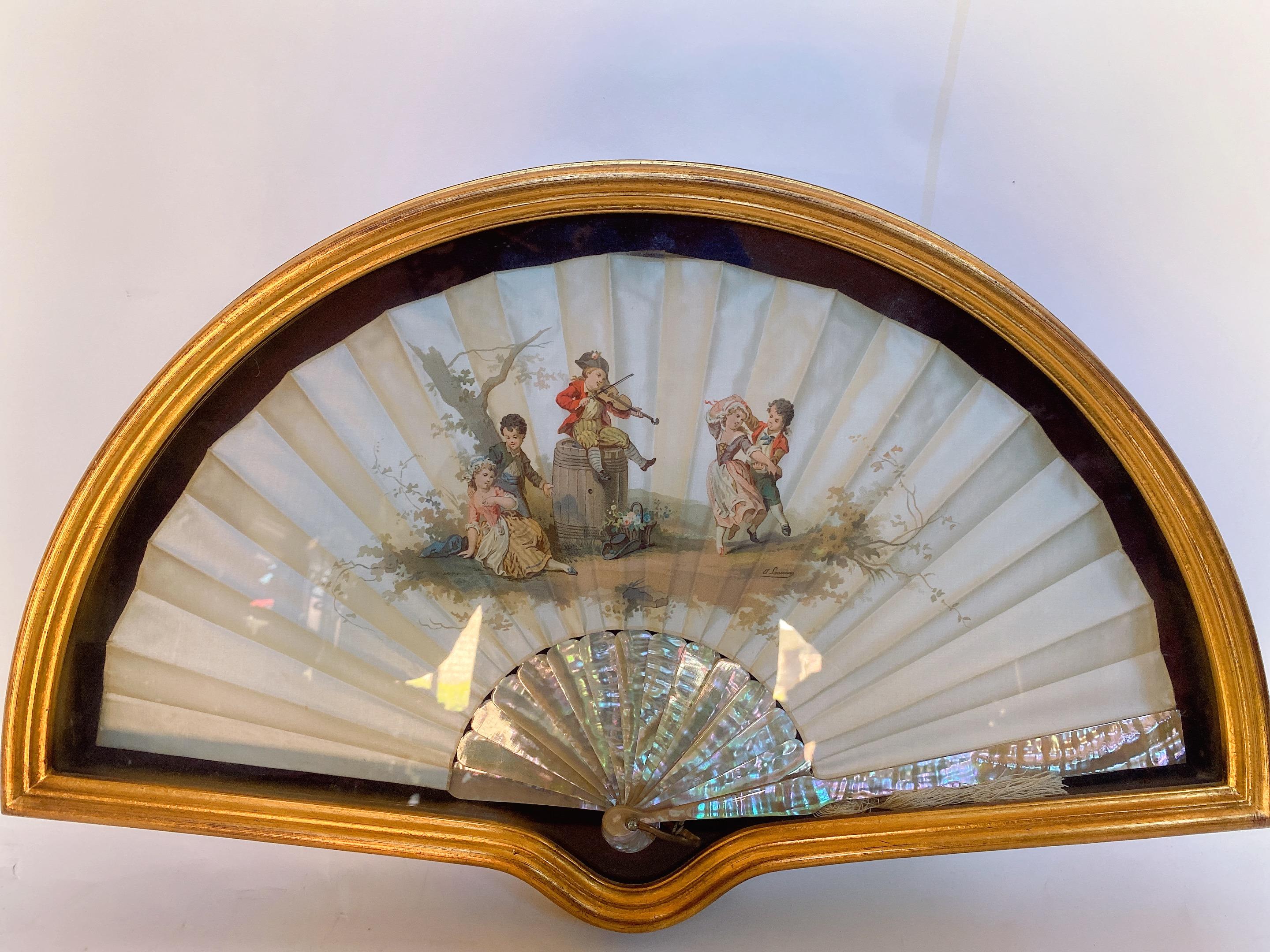 Hand-Carved 19th Century French Painted Silk of Mother of Pearl Fan with Frame Case For Sale