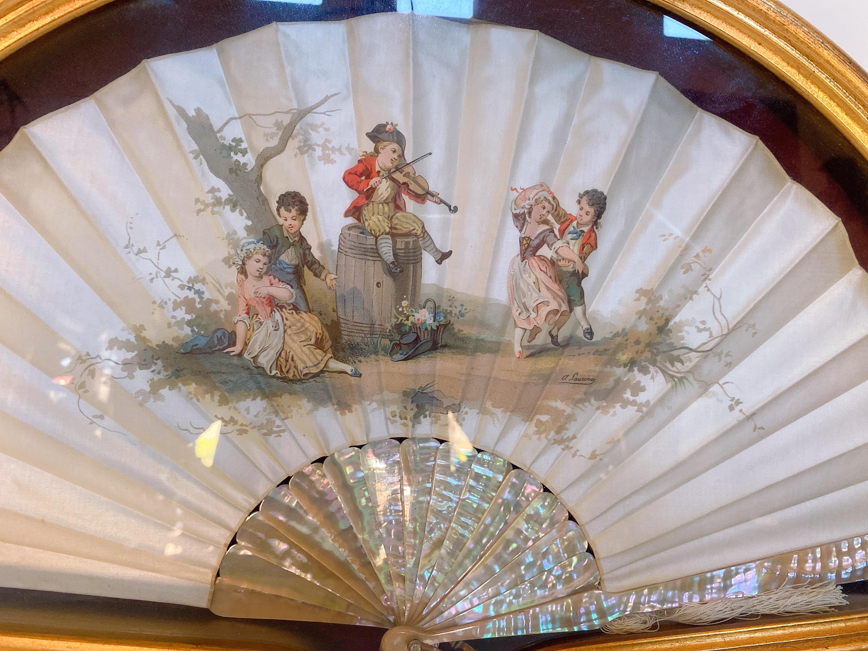 19th Century French Painted Silk of Mother of Pearl Fan with Frame Case In Good Condition For Sale In Brea, CA