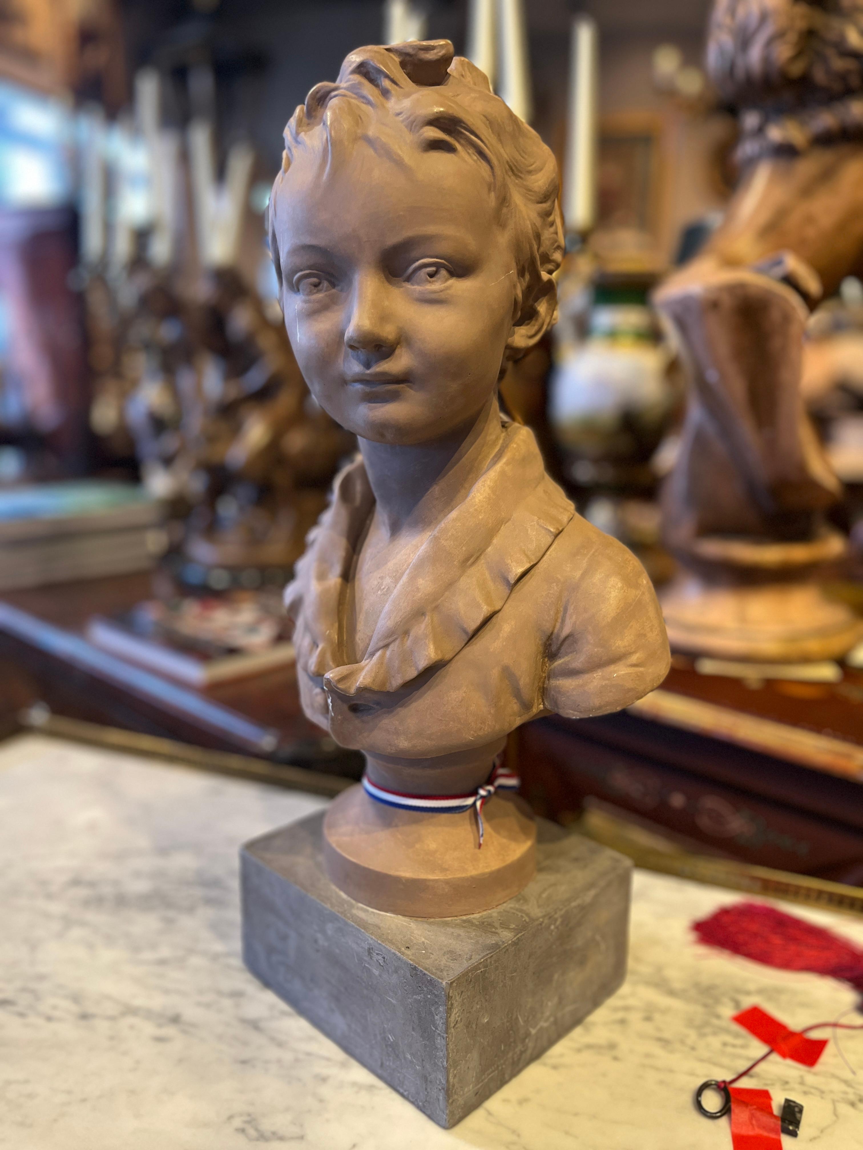 19th Century French Painted Terracotta Bust of a Boy
Beautiful piece purchased in France. Age appropriate wear, see detailed photos or message us with questions. 