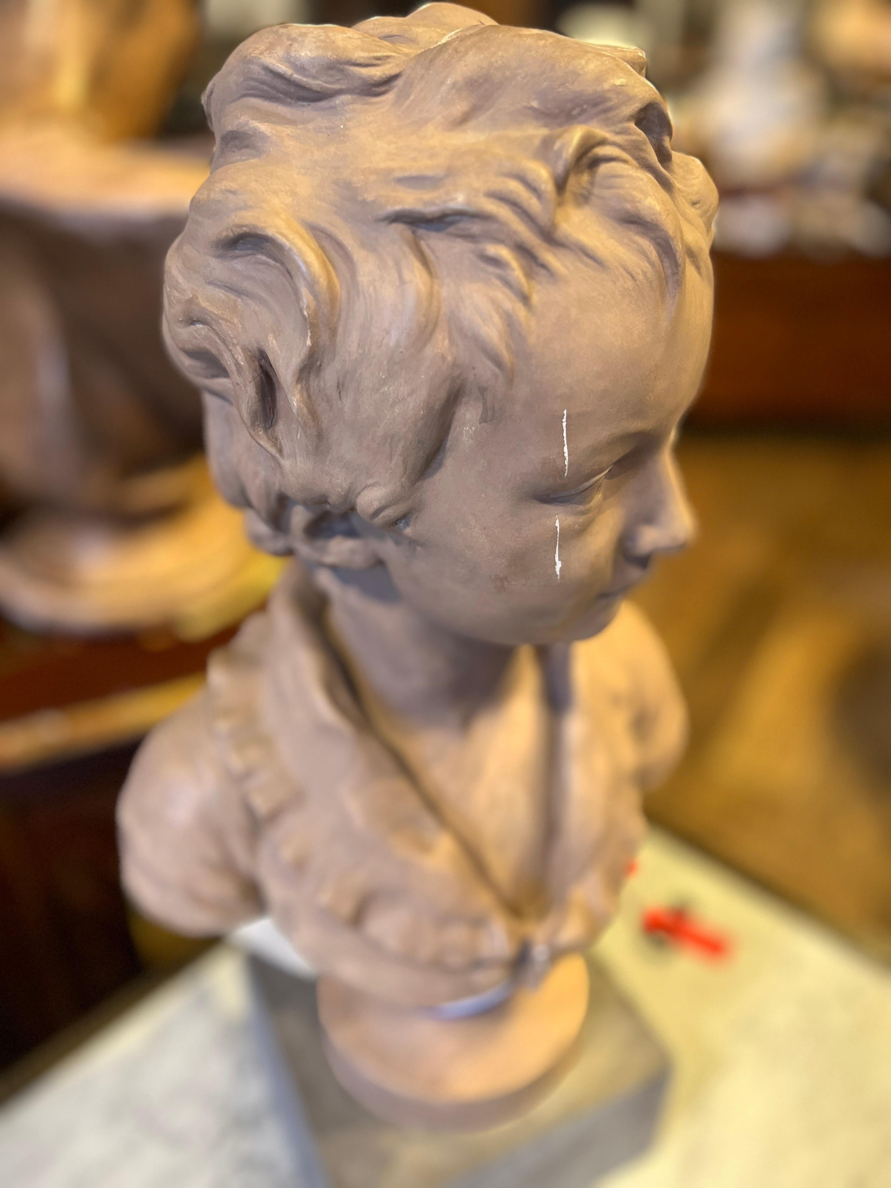 Ceramic 19th Century French Painted Terracotta Bust of a Boy For Sale