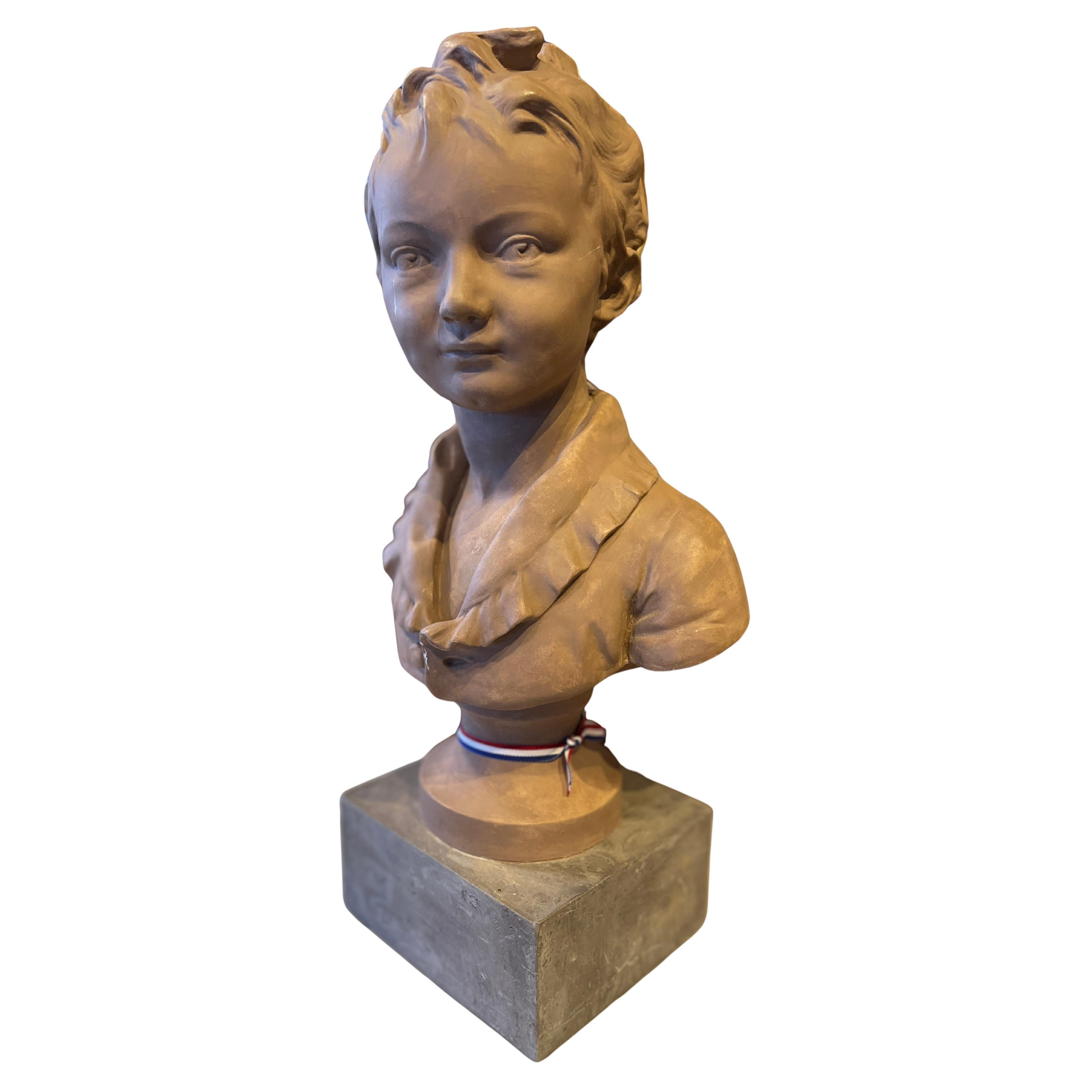19th Century French Painted Terracotta Bust of a Boy