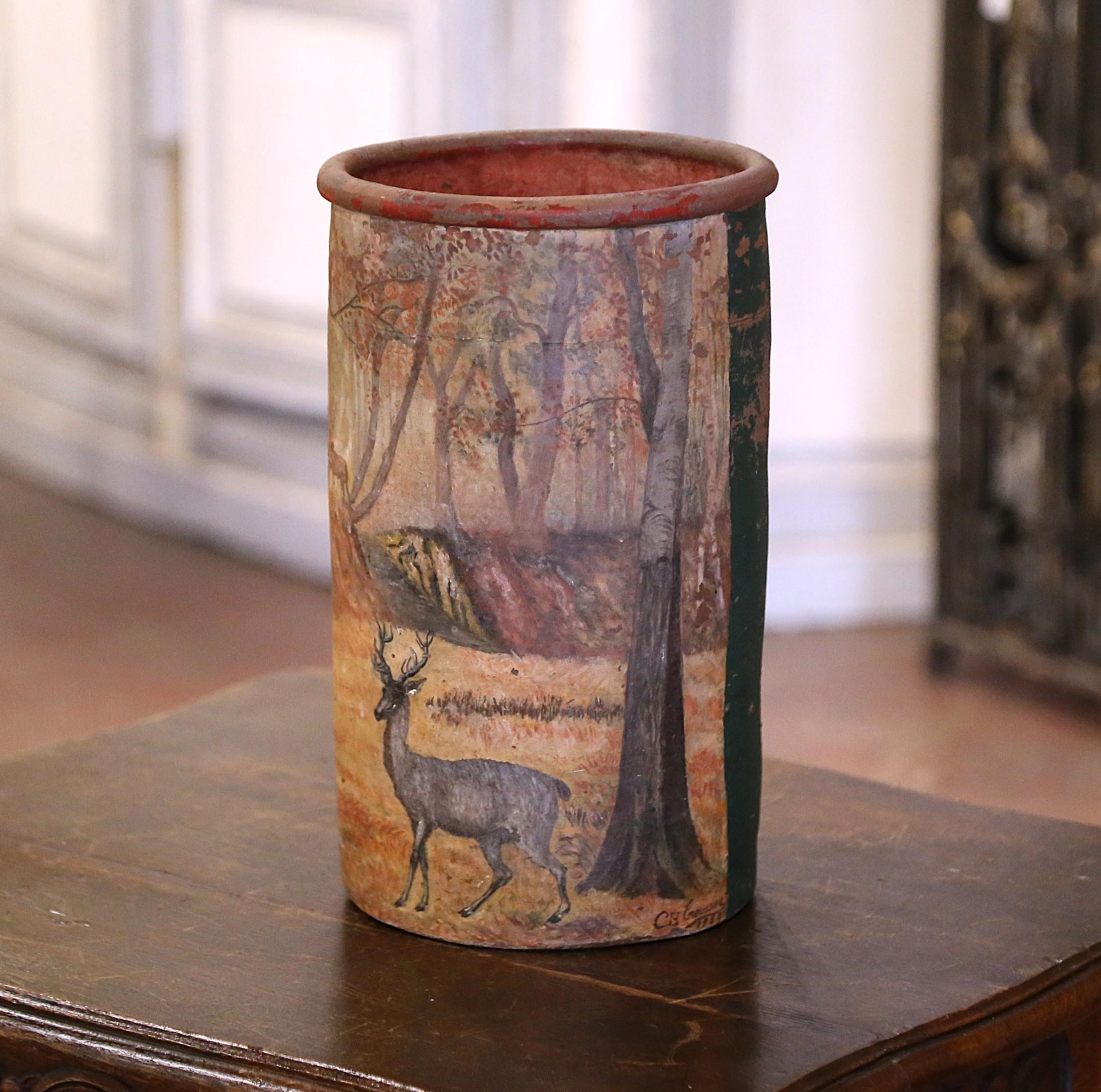 XIXe siècle Stand Umbrella en terre cuite peinte du 19ème siècle avec motif de cerf en vente