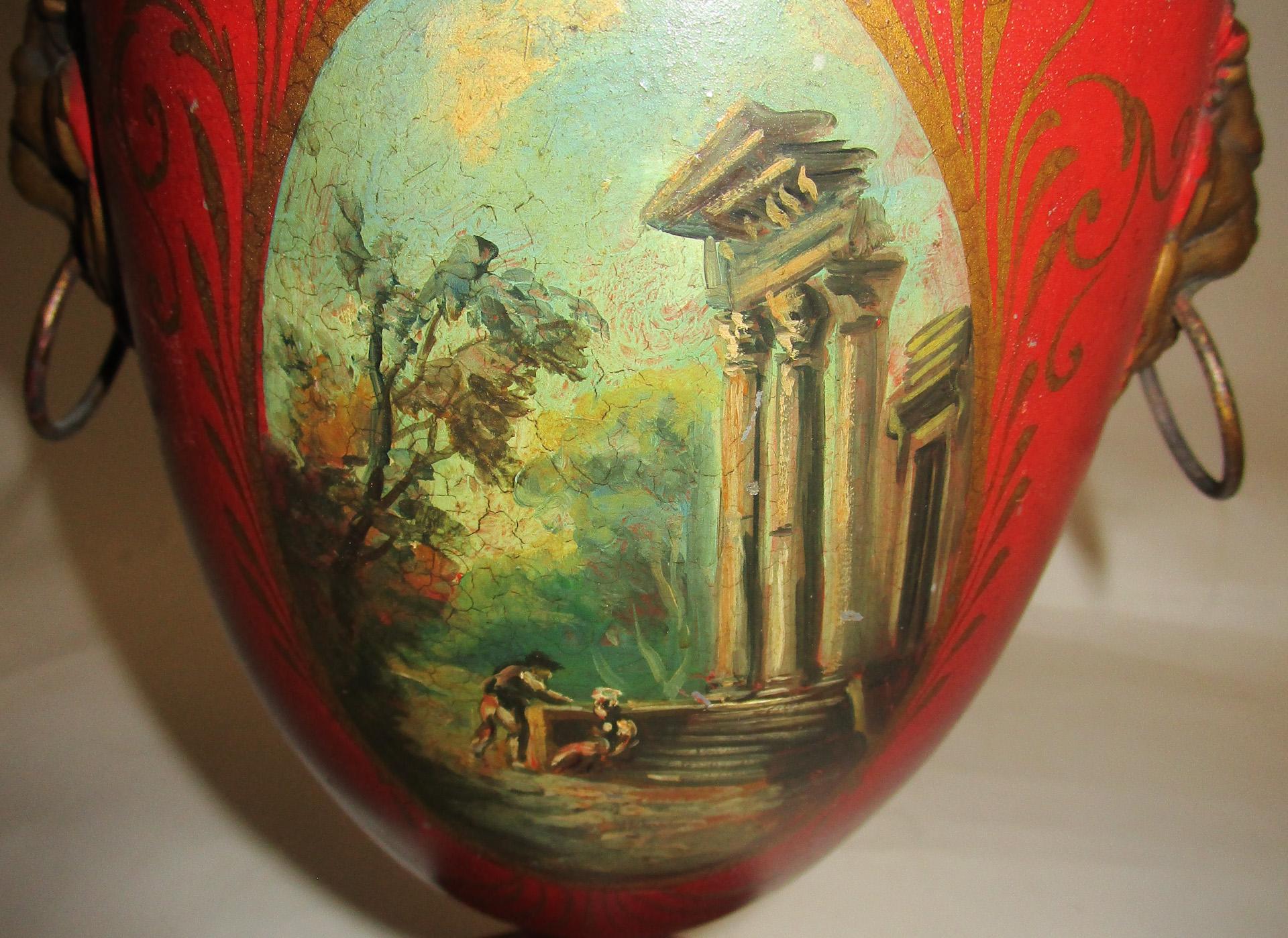 19th Century French Painted Tole Covered Urn Pair For Sale 1