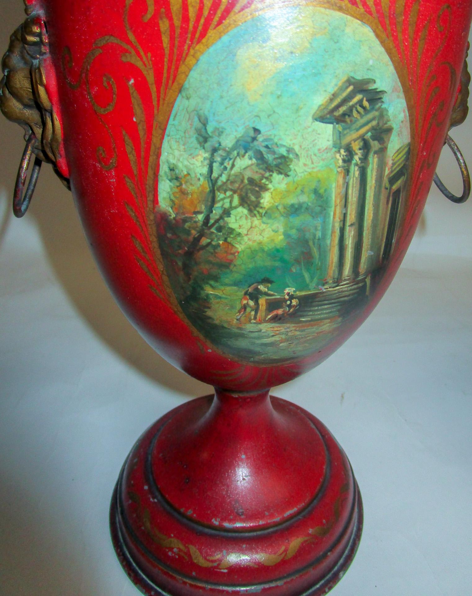19th Century French Painted Tole Covered Urn Pair For Sale 2